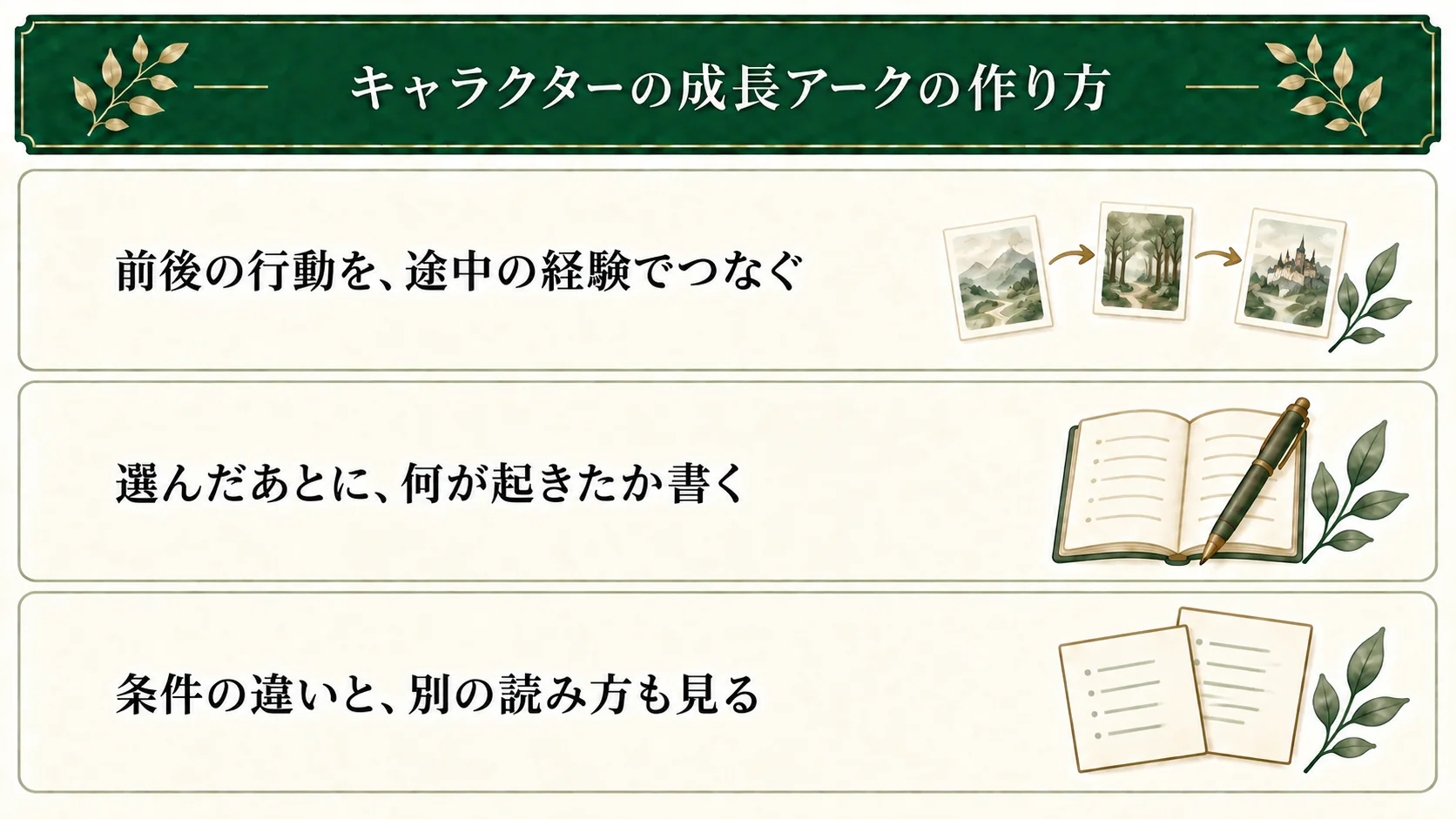 キャラクターの内面の成長を描くには、前後の行動を途中の経験でつなぐ。選択したあと何が起きたかを置き、後の行動や前後の条件差も見ながら、伝えたい変化を確かめる。