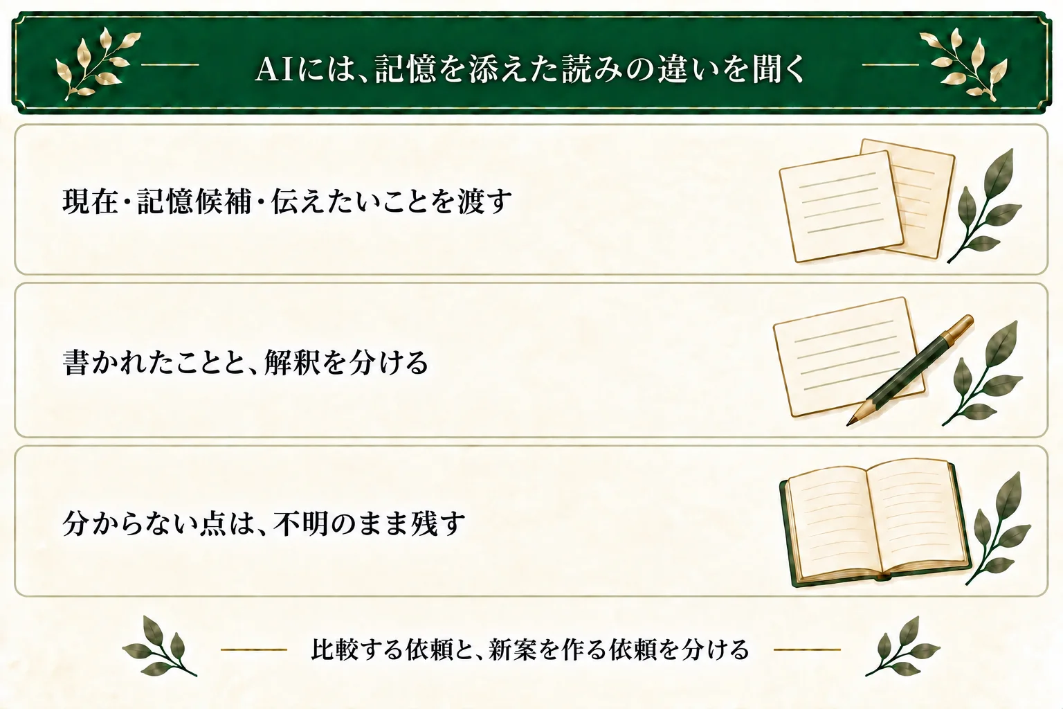 AIに既存の過去候補を比較してもらうときは、現在の本文、記憶候補、本人の受け取り方、読者へ伝えたいことを渡す。入力の記述とAIの解釈を分け、判断できなければ不明とする。