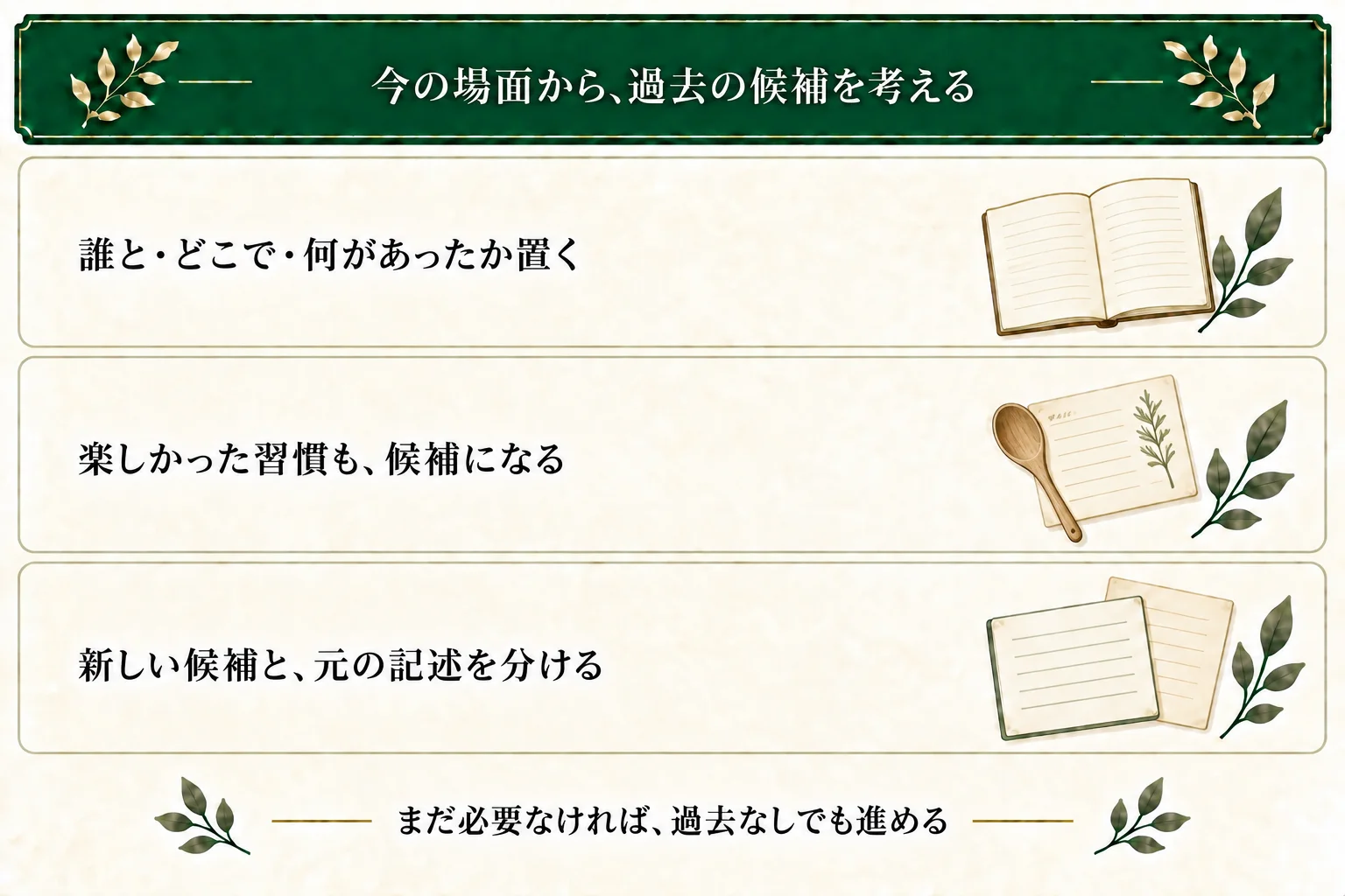 過去の候補は、既存のメモから選ぶか、誰と・どこで・何があったかを作者が仮に考える。楽しい習慣や大切な関係も候補になる。まだ必要なければ作らずに進められる。