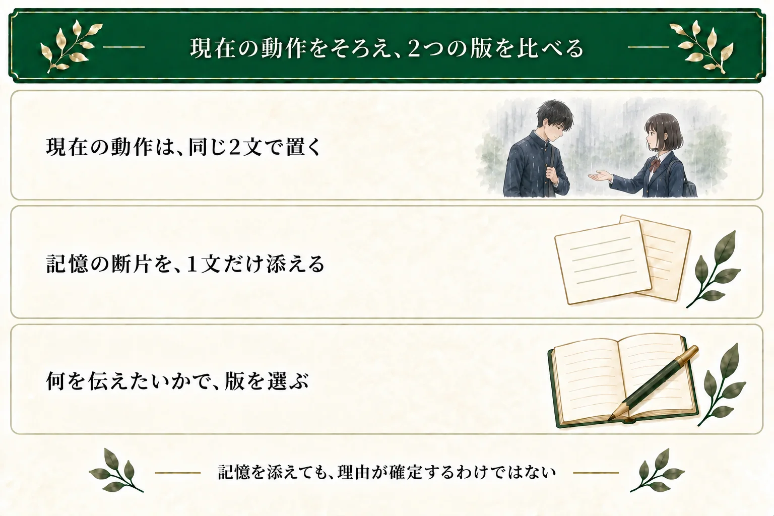 架空の作例では、雨の中で友人の手を払い鞄を抱え直す現在の2文を両方の版でそろえる。記憶ありの版だけに、八歳の春に帰りを待った夜を思い出す1文を添え、読者へ何を伝えたいかで比べる。