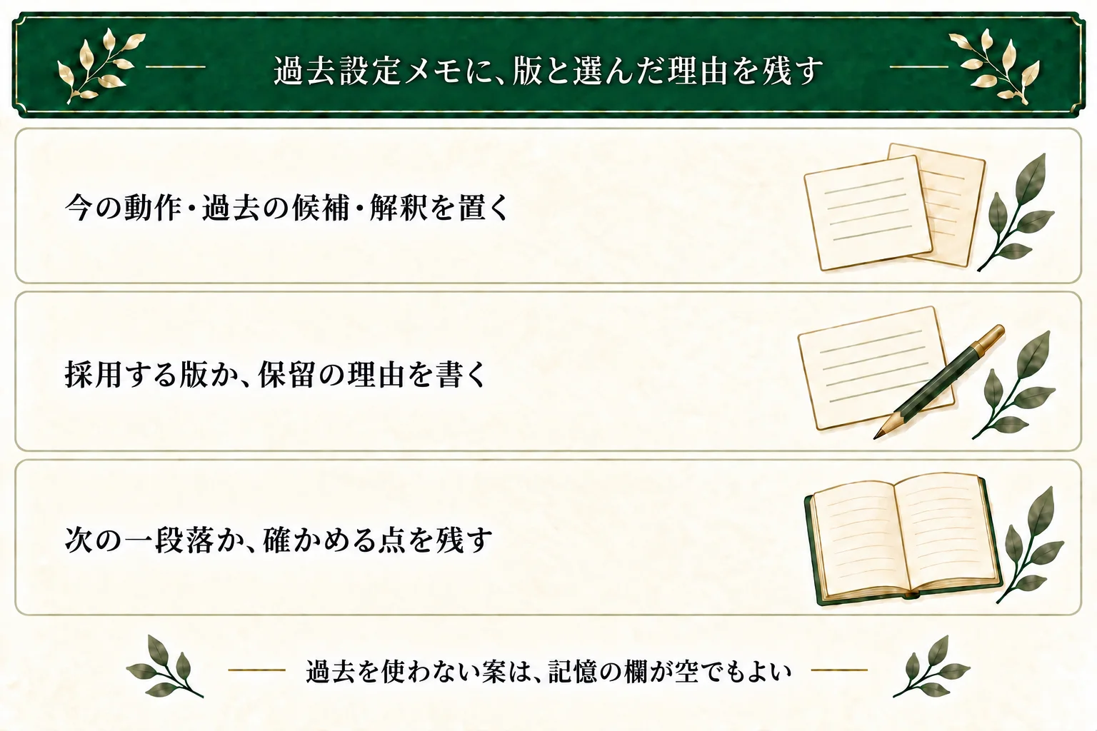 過去設定メモには、現在の動作、過去の出来事と本人の解釈、記憶を添える版・添えない版を残す。採用または保留の理由を示し、次の一段落か確認を決める。過去の欄が空でも使える。