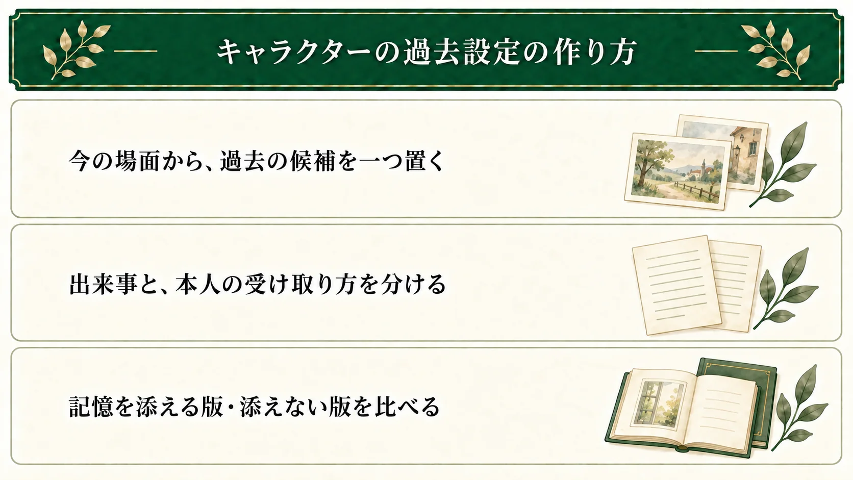 キャラクターの過去設定は、今の場面から一つ仮に考えられる。出来事と本人の受け取り方を分け、同じ現在の動作に記憶を添える版・添えない版を比べ、伝えたいことに合わせて選ぶ。