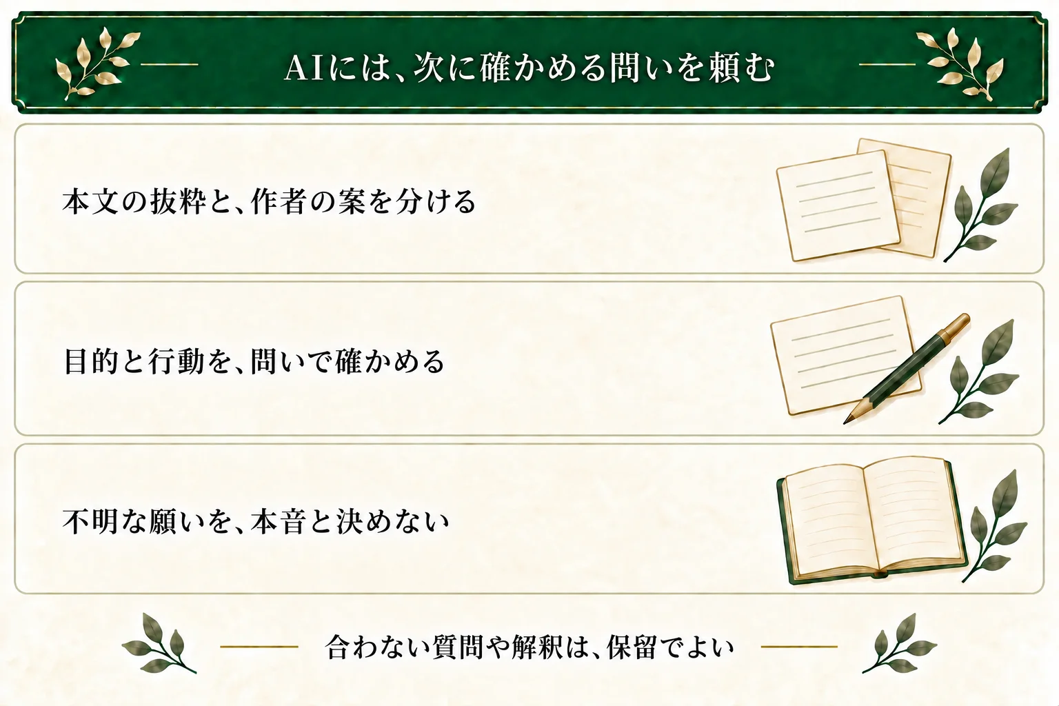 AIへの相談では本文の抜粋と作者の目的の案を分け、次の場面を考える質問を求める。本文にない願いや本音を断定せず、不明な点は残す。