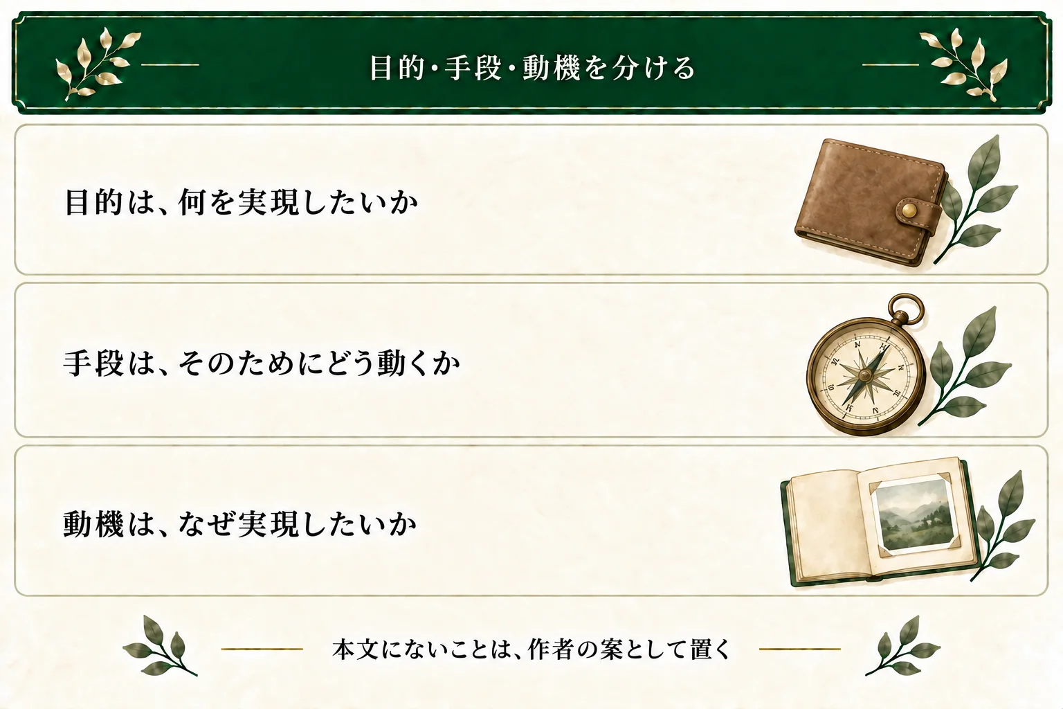 目的は財布を見つけたい、手段は駅へ戻る・友人に頼む、動機はなぜ見つけたいのか。本文にない動機は作者の案として扱う。