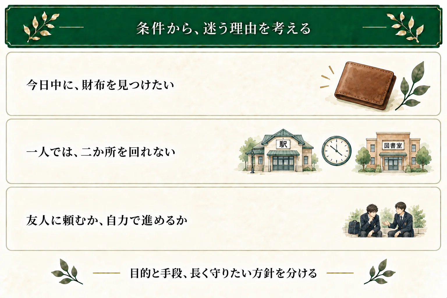 財布を今日中に見つけたい主人公の作例。時間内に二か所を回れない条件で、友人に頼む手段と自力で進めたい方針がぶつかる。財布を見つける目的そのものとは区別する。