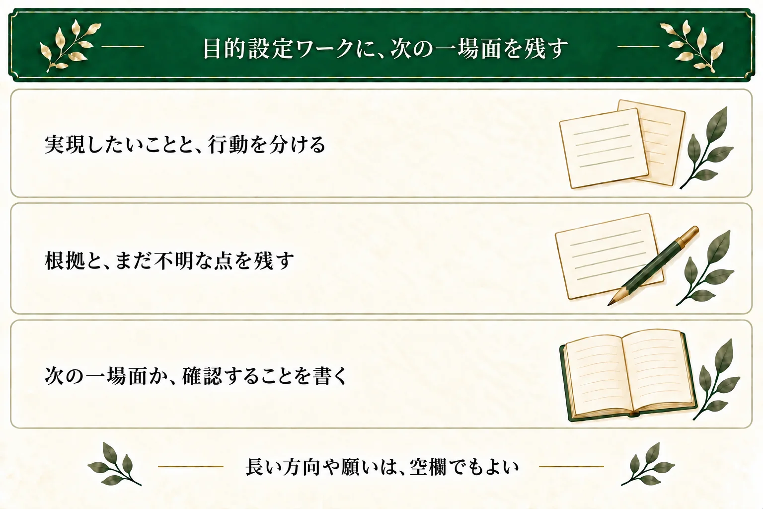 目的設定ワークには、実現したいことと選んだ行動、本文の根拠や不明点、次の一場面か確認事項を残す。長い方向や願いの任意欄は空でもよい。