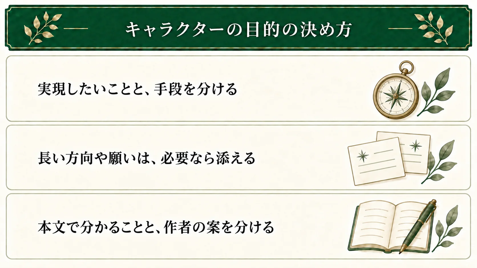 キャラクターの目的は実現したいこと、手段はそのための行動。長い方向や願いの仮説は必要な場合だけ考え、本文に書かれたことと作者の案を分けて残す。