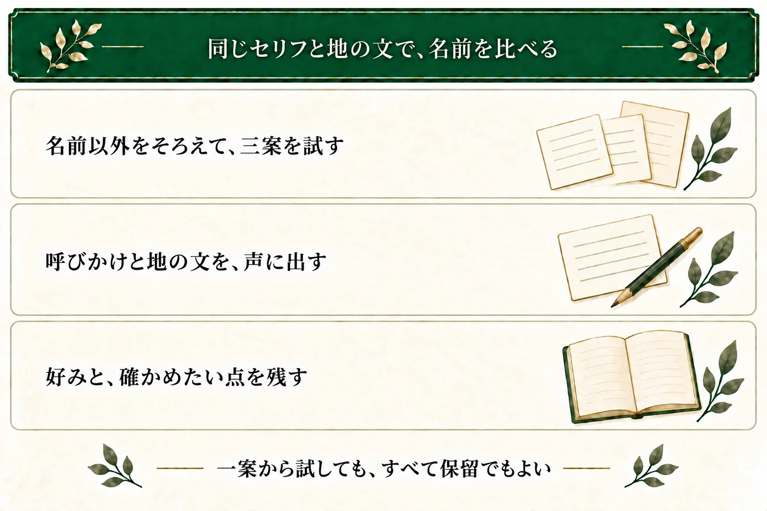 名前以外をそろえた3案のセリフと地の文で比較する。呼びかけの調子や人物の追いやすさを試し、直生をなおと読むなど読みの示し方も確認する。