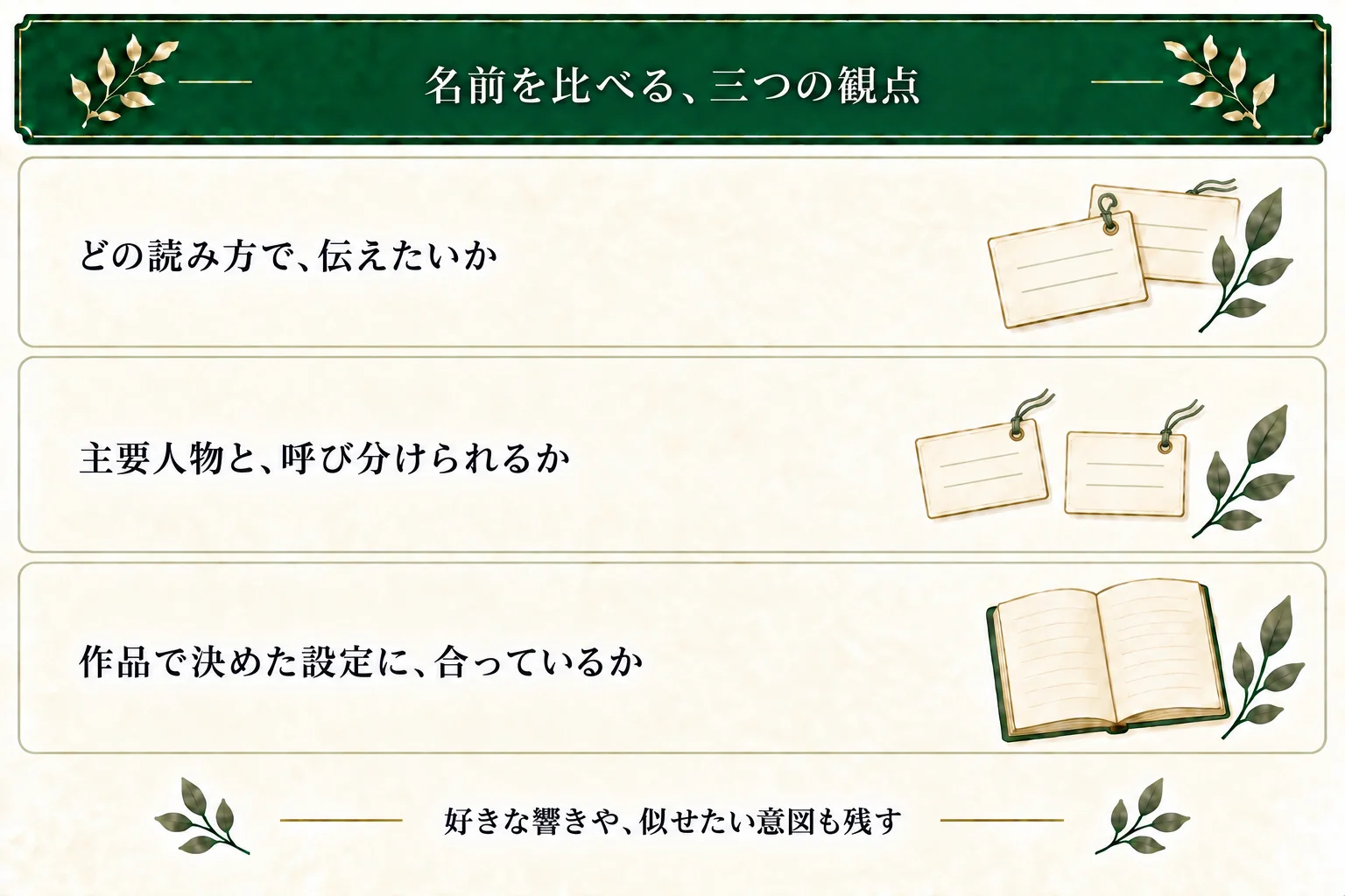 キャラクター名は、読みを伝えられるか、主要人物と呼び分けられるか、作品の設定に合うかの3観点で比べる。似た名前を意図して使う場合も手がかりを考える。