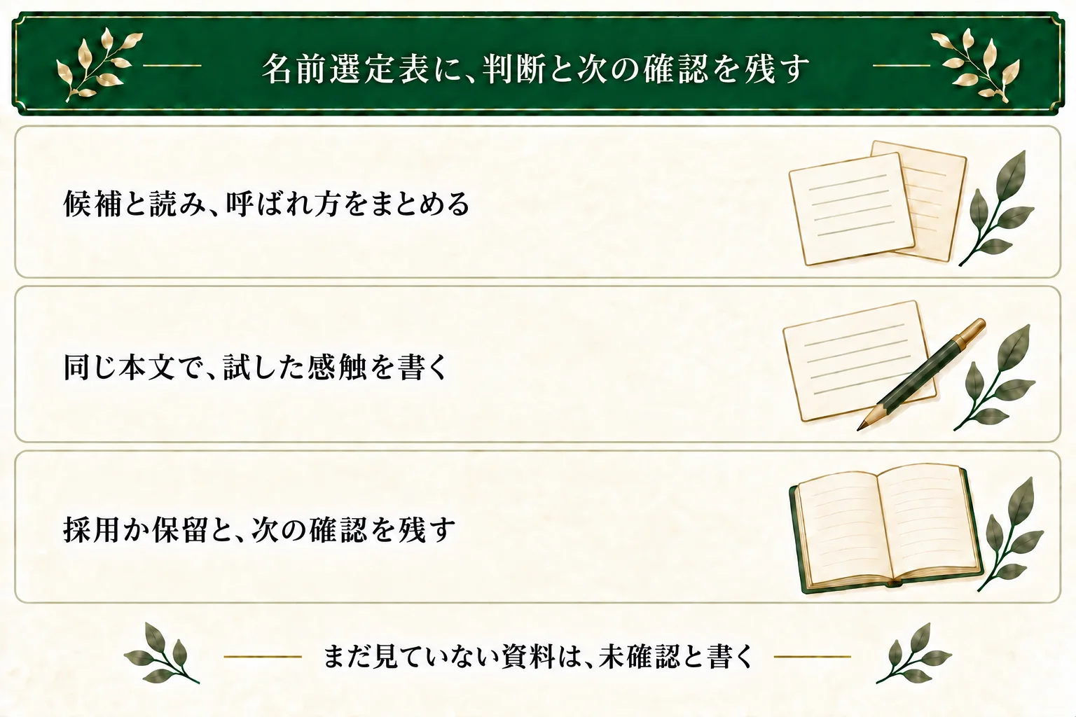 名前選定表には候補と読み、実際の呼び方、本文で試した感触を残す。採用候補か保留理由を選び、次の場面やまだ確認していないことを記録する。