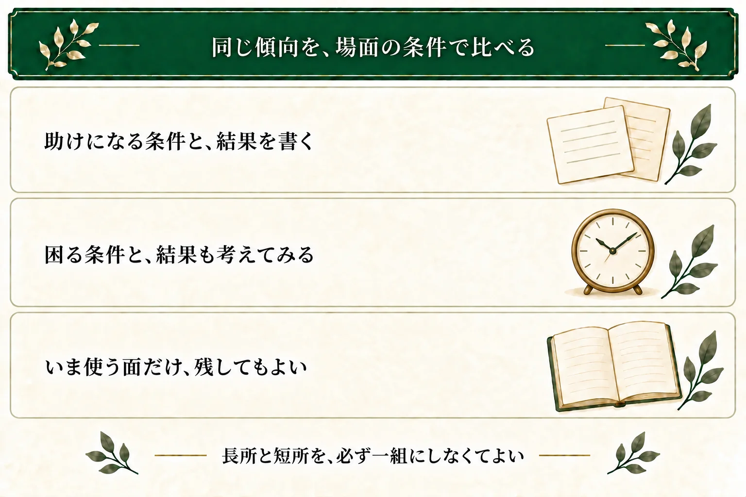 長所と短所を同じ性格の傾向から考える方法もある。どんな条件で助けになり、どんな条件で困る結果になるかを分け、両面を必須にはしない。