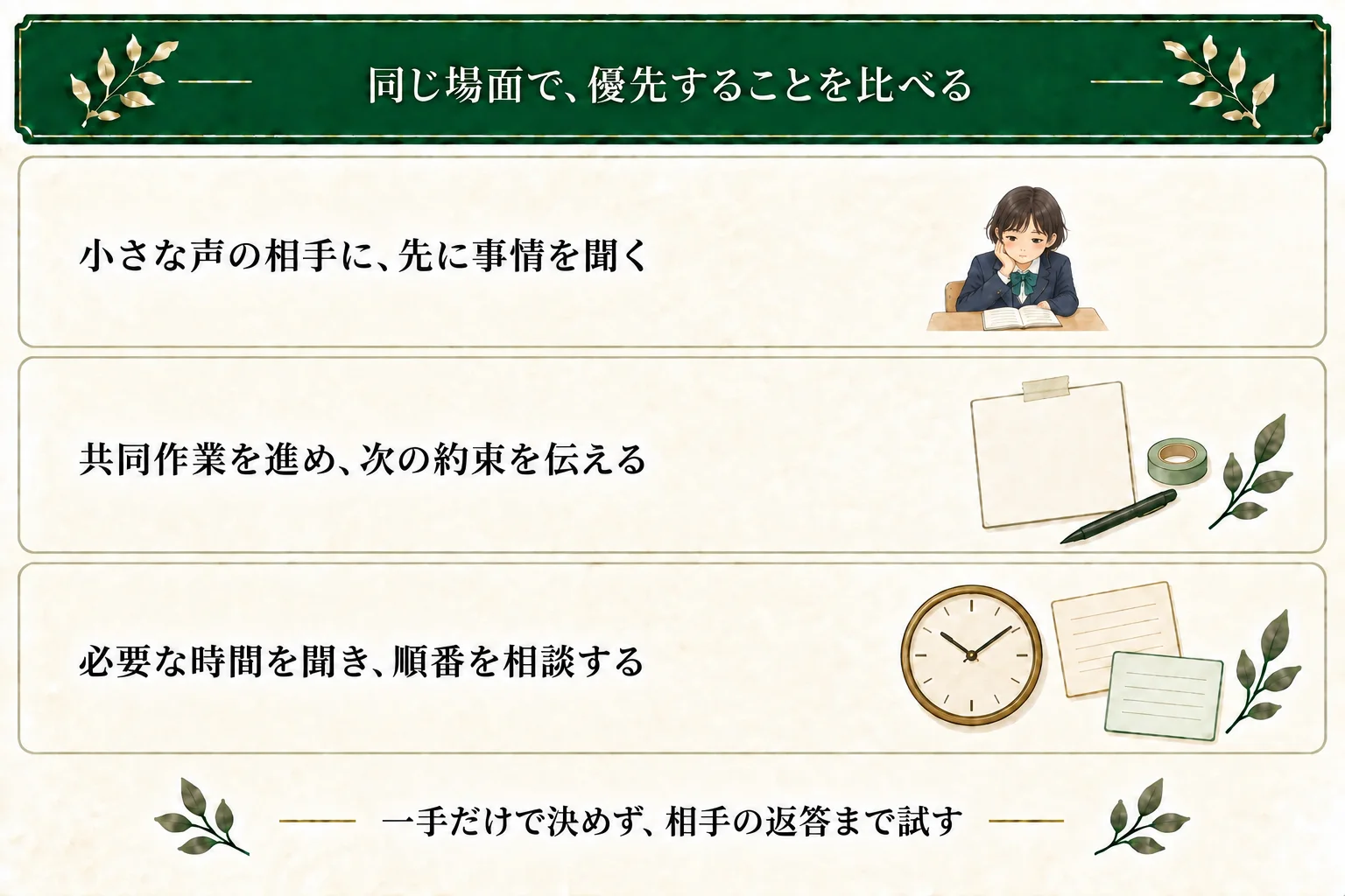 発表準備で二人から頼まれる同じ場面に、小さな声の相手を先に気にかける案、共同作業を先に進める案、順番を相談する案を置く。一手だけで性格を確定せず相手の返答まで試す。