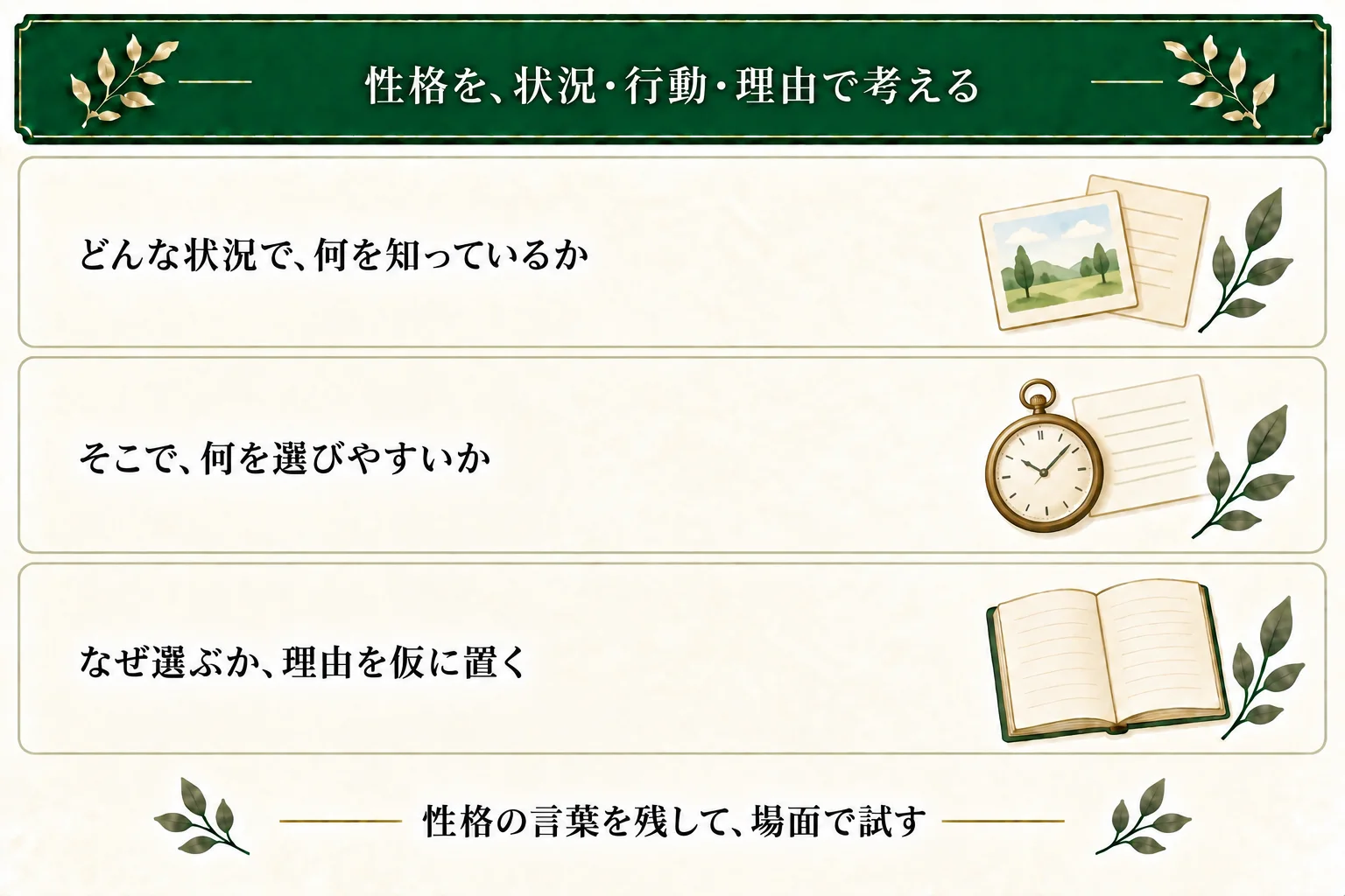 性格を考えるには、どんな状況か、何を選びやすいか、その理由の案を並べる。性格の言葉を残してもよく、理由が未定でも行動を試せる。