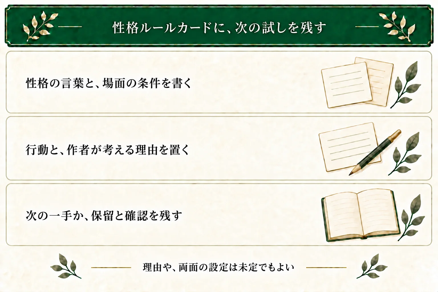 性格ルールカードには性格の言葉、場面の条件、行動と理由の案を残す。信念や両面が未定でも使え、次の一手または保留理由と確認事項を記録する。