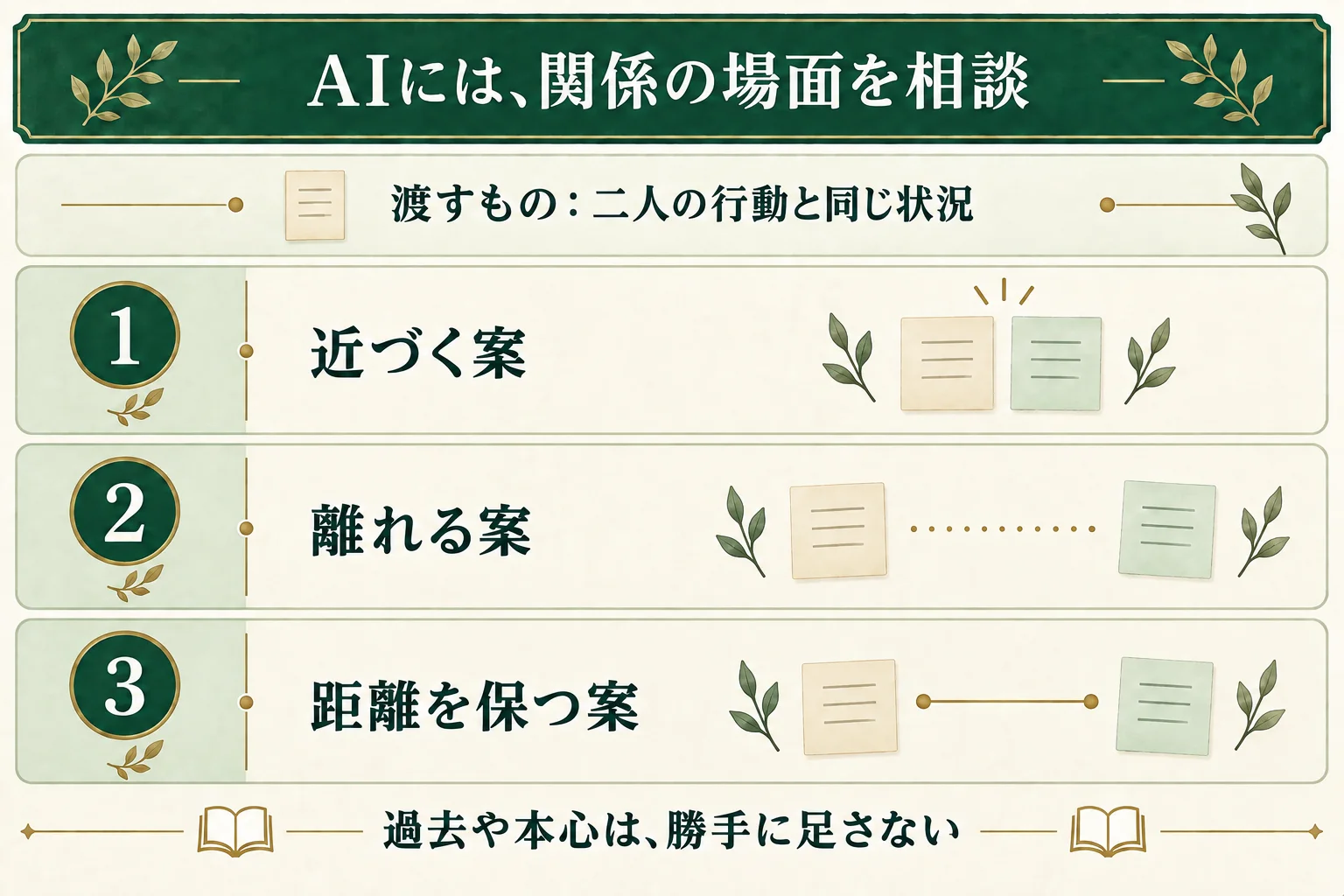 二人の行動と同じ状況をAIに渡し、近づく案・離れる案・距離を保つ案を一つずつ受け取る。新しい過去や本心は追加しない。