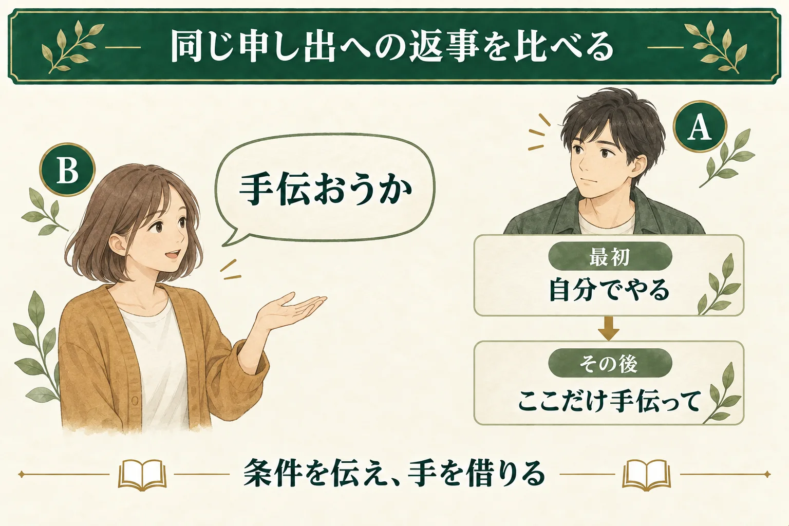 Bの「手伝おうか」という申し出に、Aは最初は「自分でやる」と断り、その後は「ここだけ手伝って」と条件を伝えて手を借りる。