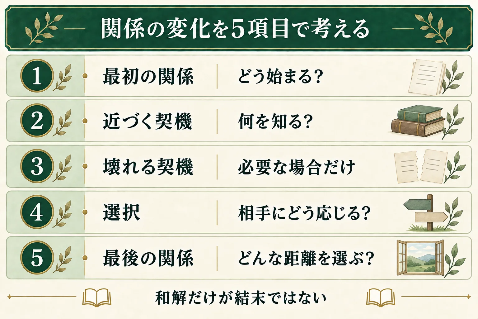 最初の関係、近づく契機、必要な場合だけの壊れる契機、相手への選択、最後の関係を考える。和解だけが結末ではない。