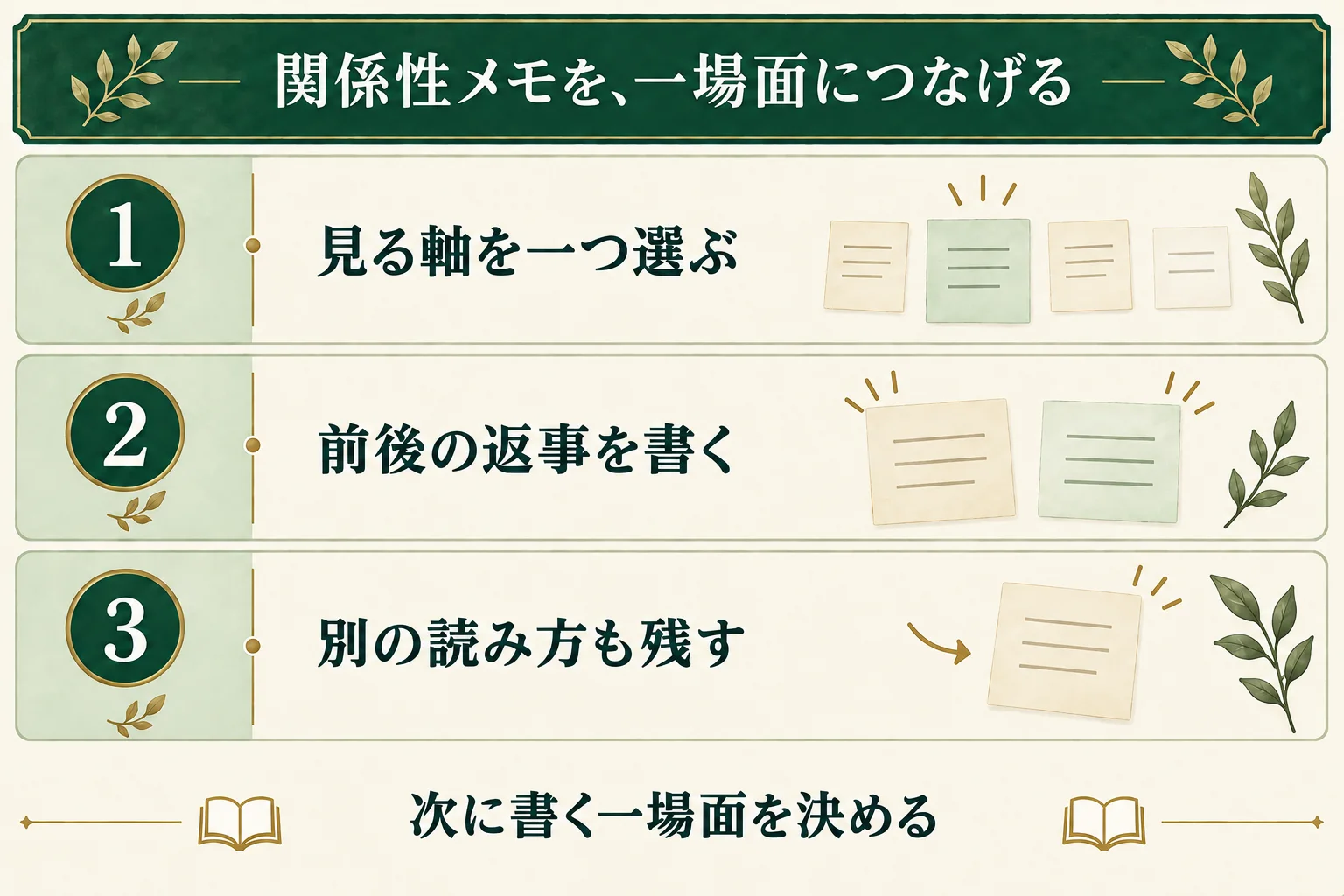関係を見る軸を一つ選び、物語の前後の返事を書き、別の読み方も残す。そのメモから次に書く一場面を決める。