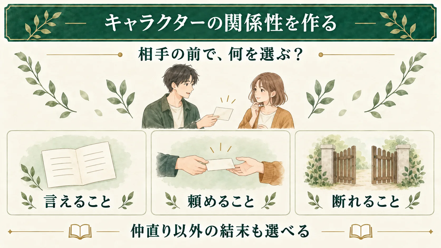 キャラクターの関係性は、相手に言えること・頼めること・断れることを手がかりに作る。仲直り以外の結末も選べる。