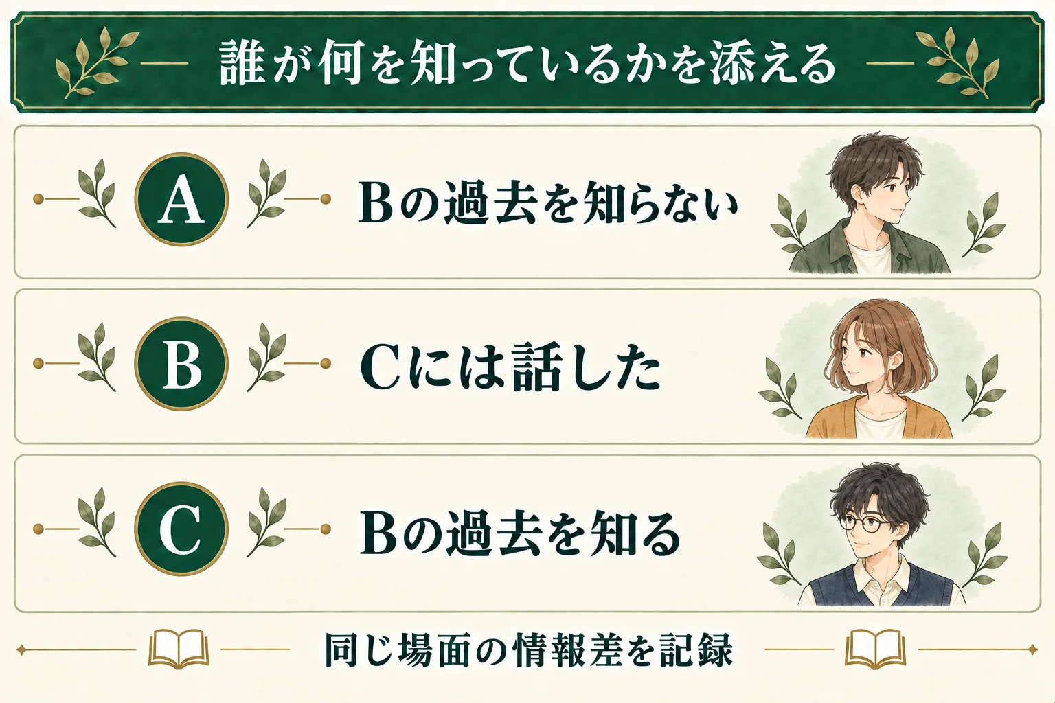 同じ場面で、AはBの過去を知らず、BはCにだけ話しており、CはBの過去を知っている。人物ごとの情報差を注記する。