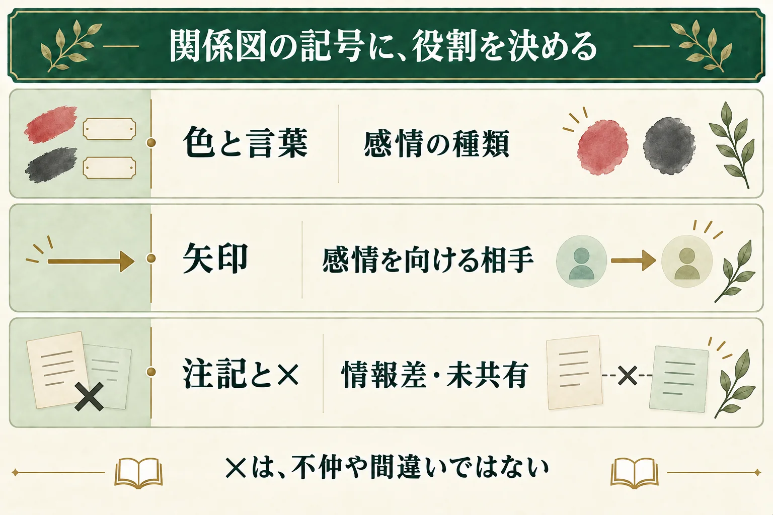 色と言葉は感情の種類、矢印は感情を向ける相手、注記と×は情報差・未共有を表す。×は不仲や間違いを意味しない。