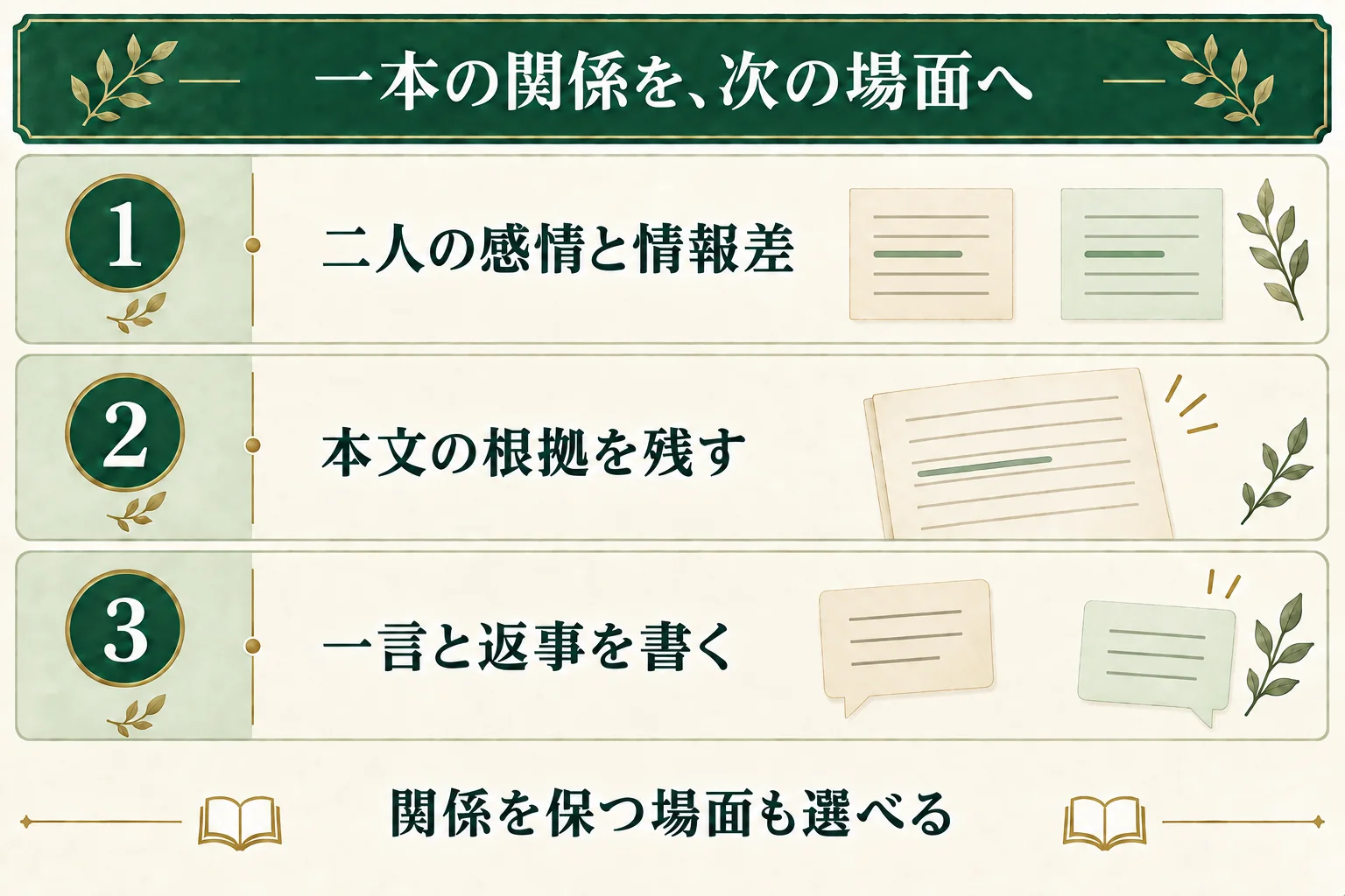 二人の感情と情報差を書き、本文の根拠を残し、片方の一言ともう片方の返事を場面にする。関係を保つ場面も選べる。