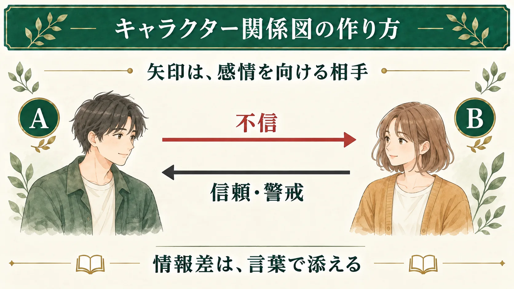 AがBへ向ける不信と、BがAへ向ける信頼・警戒を、逆向きの矢印で別々に表す。誰が何を知っているかは矢印とは別の言葉で添える。
