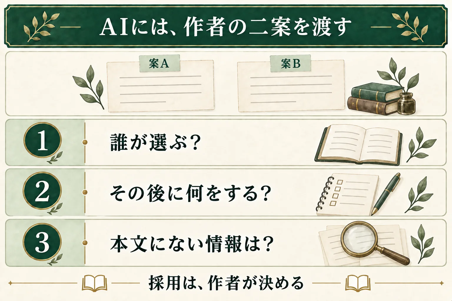 作者が書いた案Aと案BをAIに渡し、誰が選ぶか、その後に何をするか、本文にない情報が混じっていないかを整理する。採用案は作者が決める。