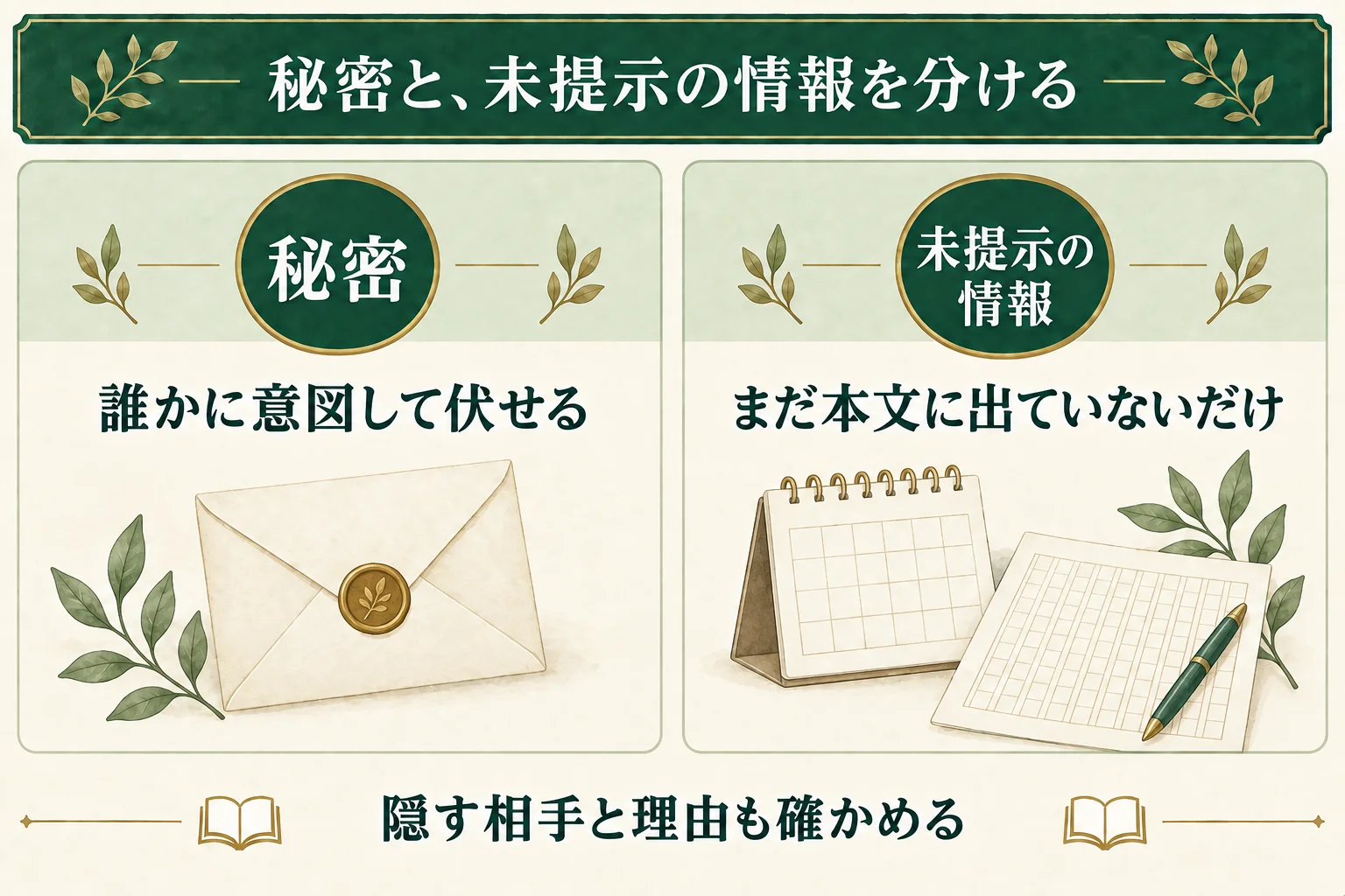このワークでは、誰かに意図して伏せている秘密と、まだ本文に出ていないだけの情報を分ける。隠す相手と理由も確かめる。