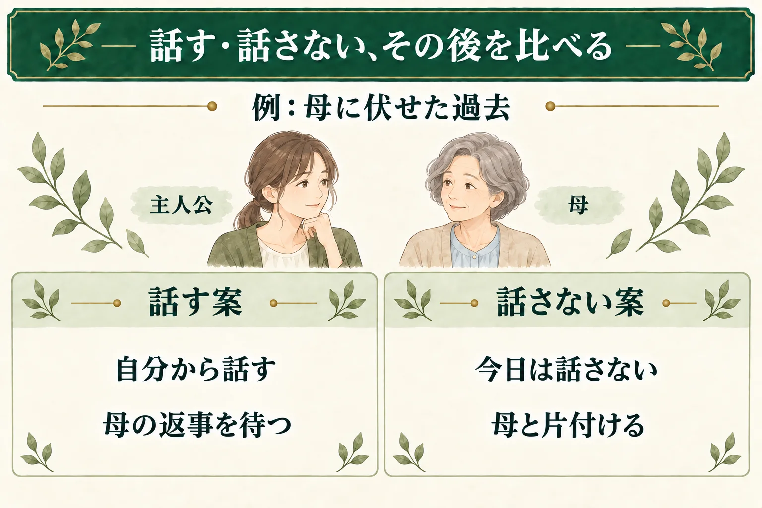 母に過去を伏せた主人公の例。話す案は自分から話して母の返事を待つ。話さない案は今日は伏せたまま、母を避けずに一緒に片付ける。