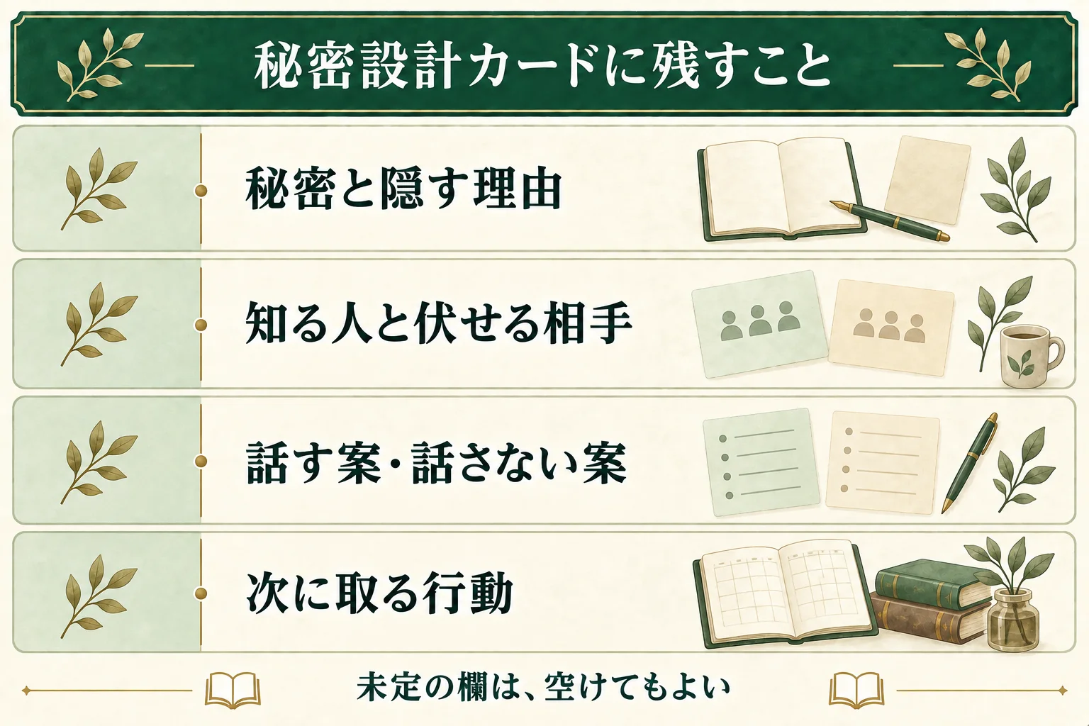 秘密設計カードに、秘密と隠す理由、知る人と伏せる相手、話す案・話さない案、次に取る行動を残す。未定の欄は空けてもよい。