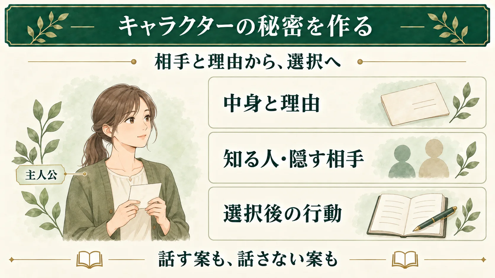 キャラクターの秘密は、中身と隠す理由、知っている人と隠す相手、選択後の行動を考える。主人公が話す案と話さない案の両方を残す。