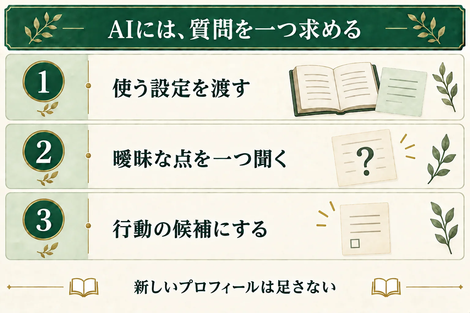 本文で使う設定をAIに渡し、次の行動を考えるうえで曖昧な点を一つ質問してもらう。新しいプロフィールを足さず、行動の候補に言い換える。