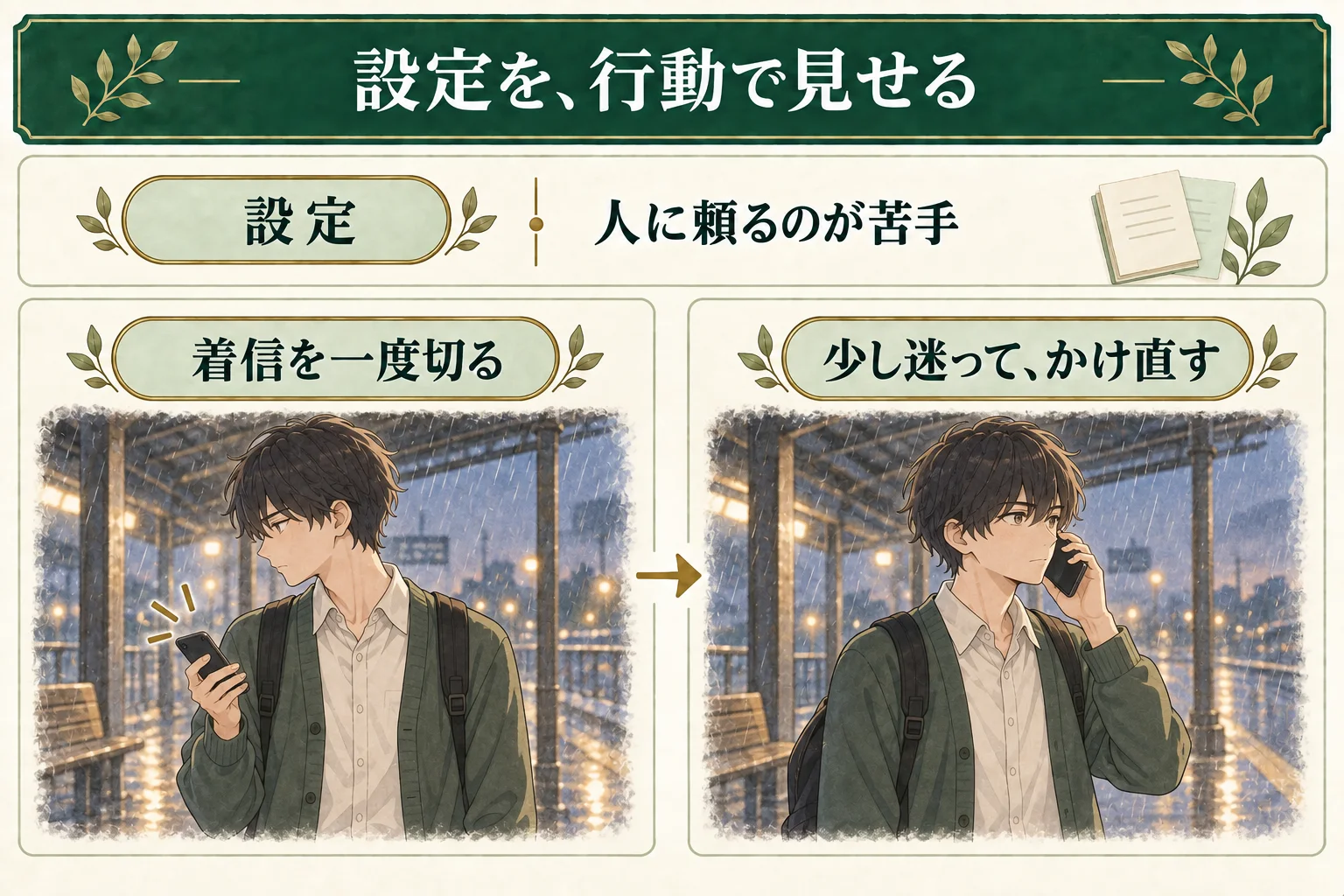 人に頼るのが苦手という設定を、着信を一度切り、少し迷ってかけ直すという二つの行動で見せる作例。