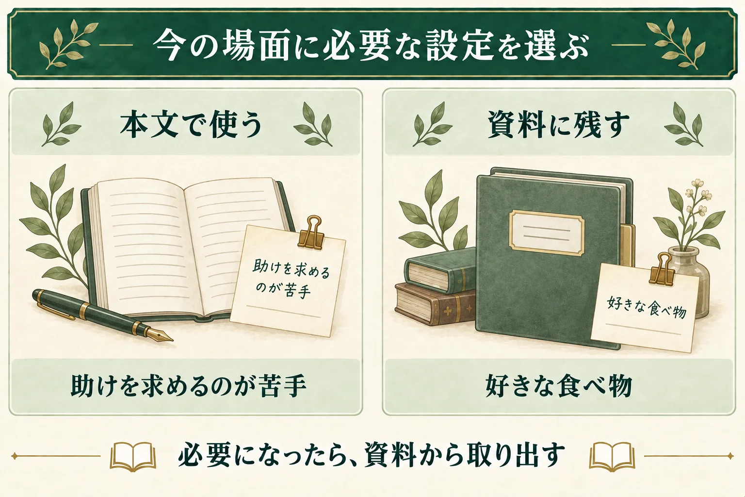 今の場面に必要な、助けを求めるのが苦手という設定は本文で使う。好きな食べ物などは資料に残し、必要になったら取り出す。
