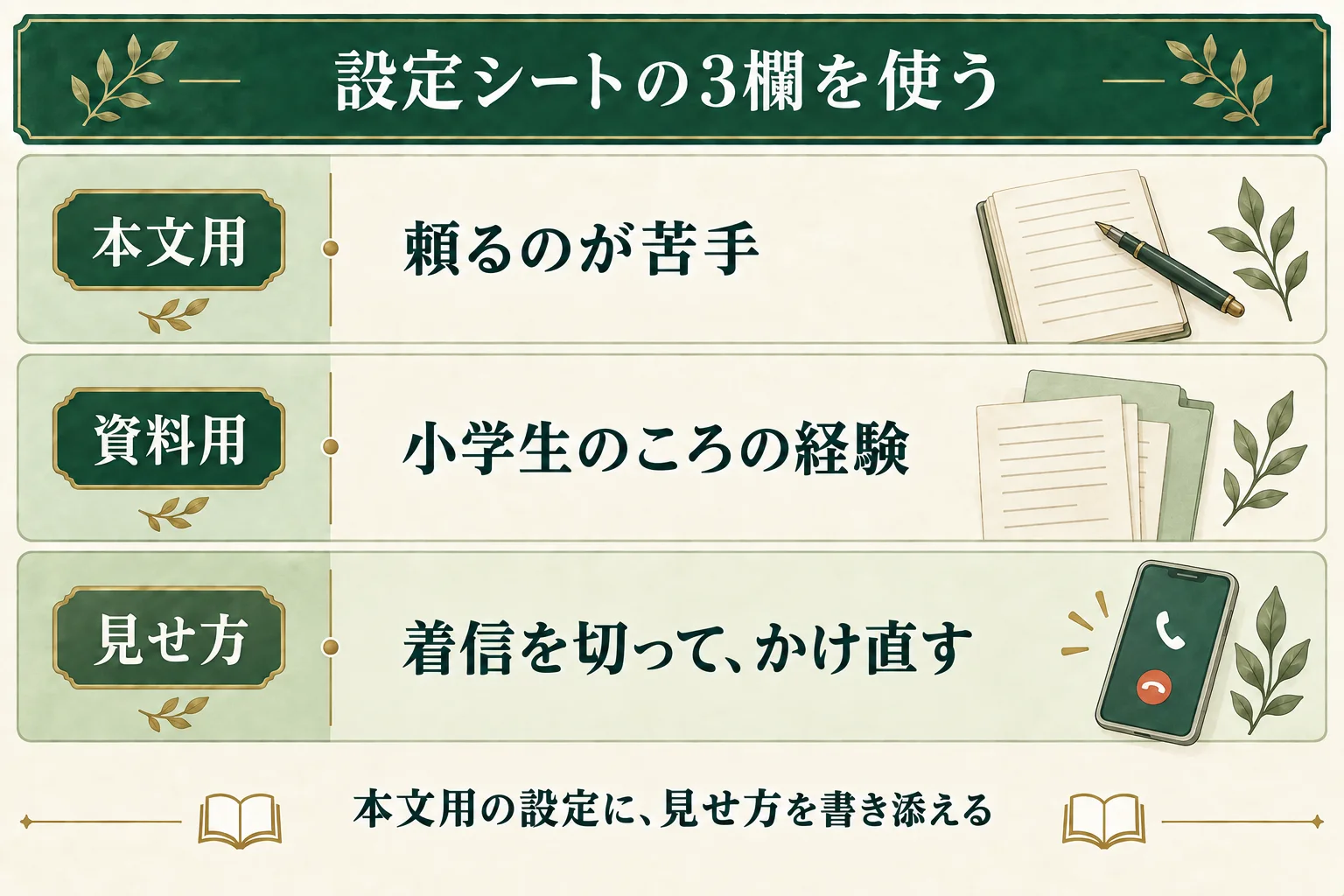 本文用には頼るのが苦手、資料用には小学生のころの経験、見せ方には着信を切ってかけ直すと書く。本文用の設定と見せ方はつながってよい。
