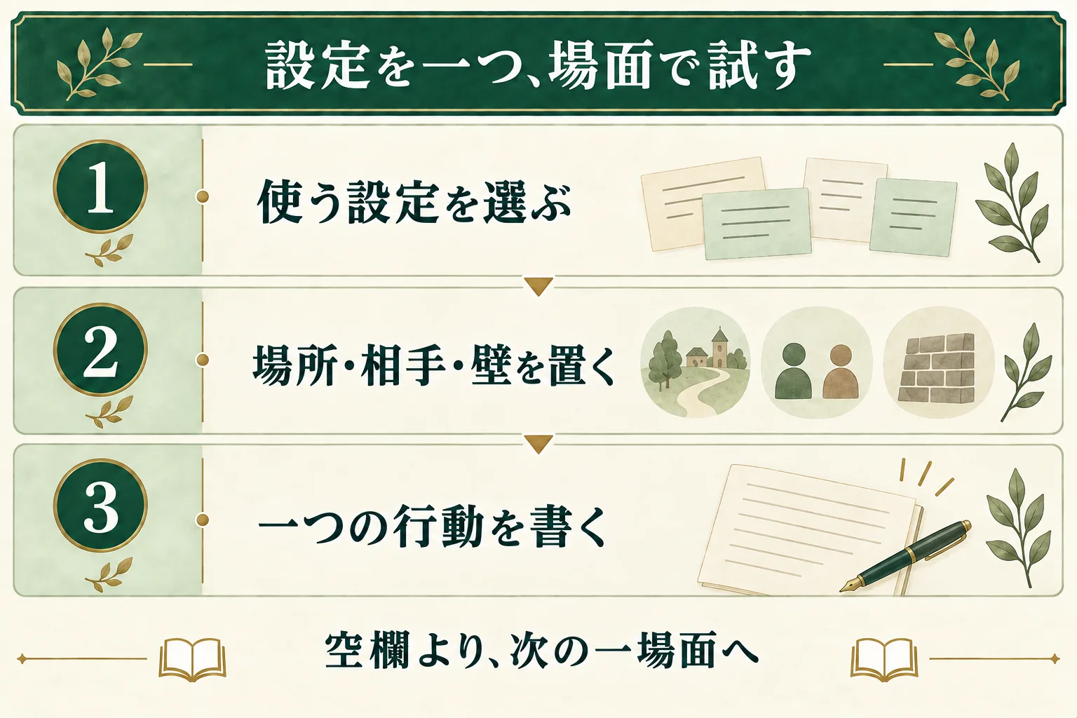 キャラ設定シートから使う設定を一つ選び、場所・相手・壁を置いて、一つの行動を書く。空欄を埋め切る前に場面で試す。