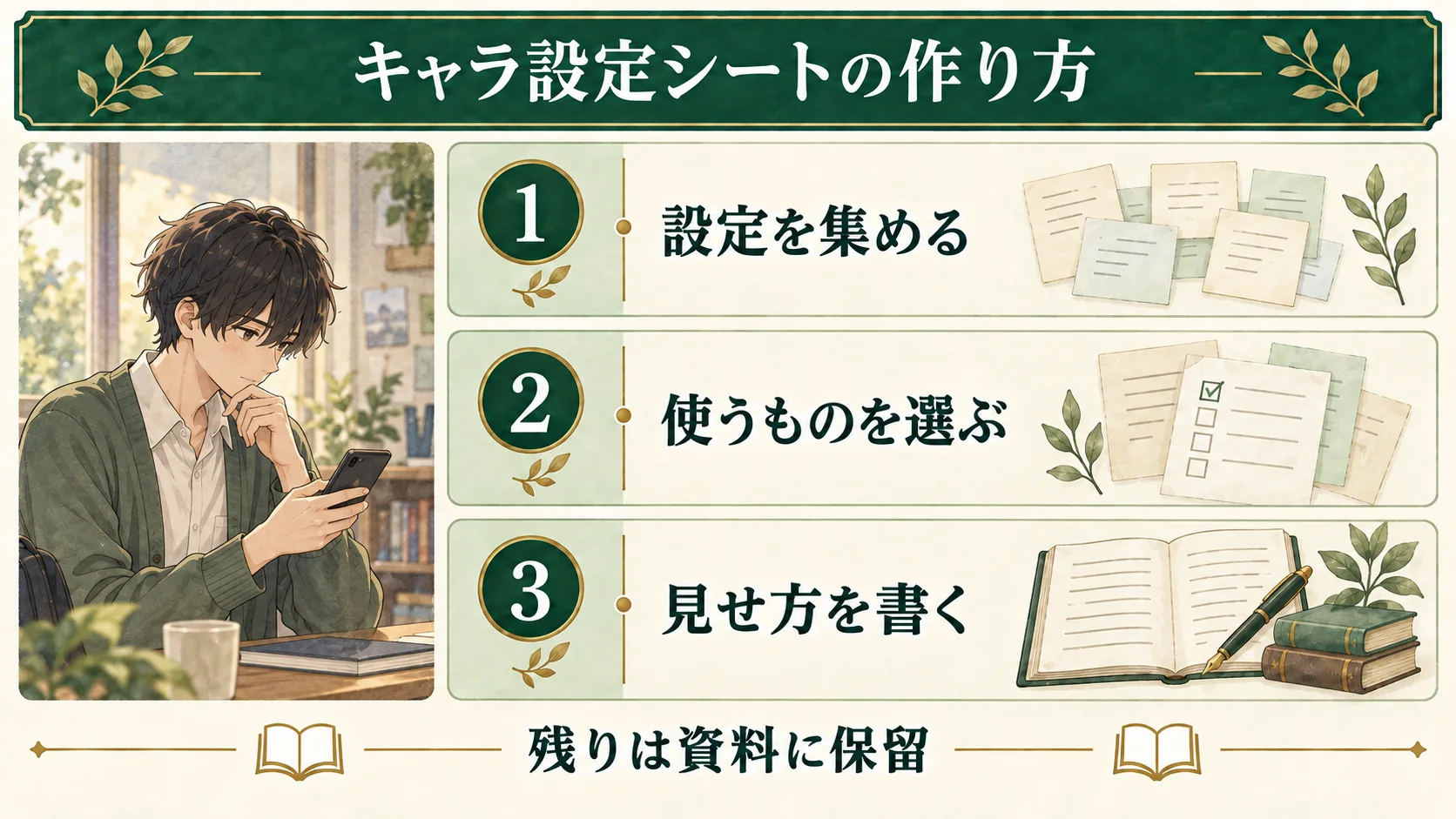 キャラクターの設定を集め、今の場面で使うものを選び、その見せ方を書く。残りの設定は資料に保留する。