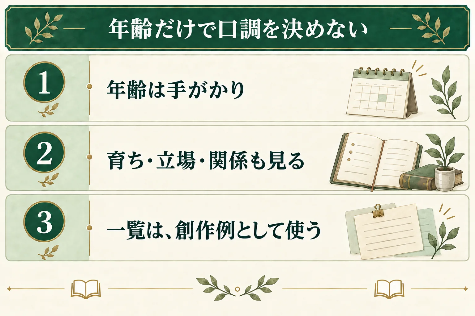 年齢は口調の手がかりの一つ。育ち、立場、相手との関係も見て、年齢別一覧を固定的な規則ではなく創作例として使う。