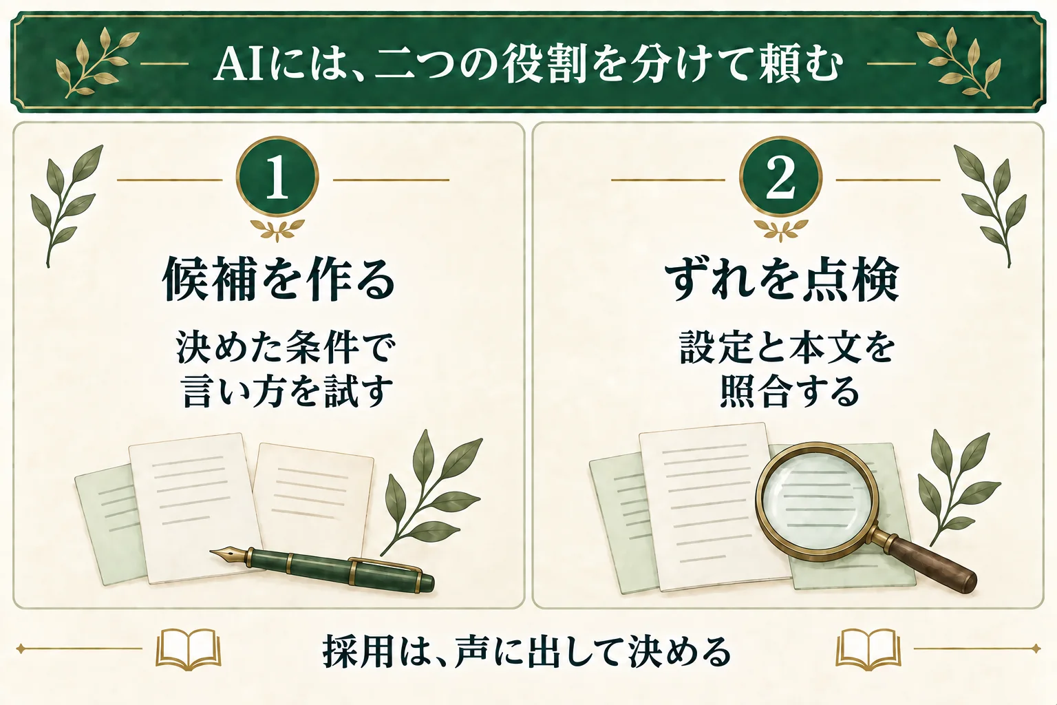 AIへの依頼を分ける。候補作成では作者が決めた条件で言い方を試し、点検では設定と本文を照合する。採用するセリフは作者が声に出して確かめる。