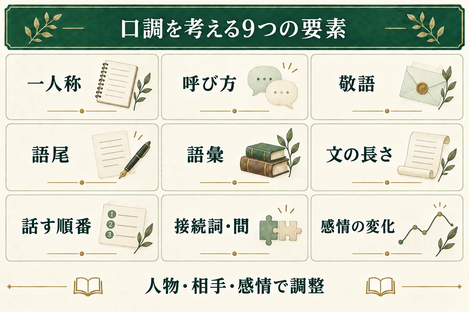 口調を考える9要素は、一人称、呼び方、敬語、語尾、語彙、文の長さ、話す順番、接続詞・間、感情の変化。人物、相手、感情に合わせて調整する。