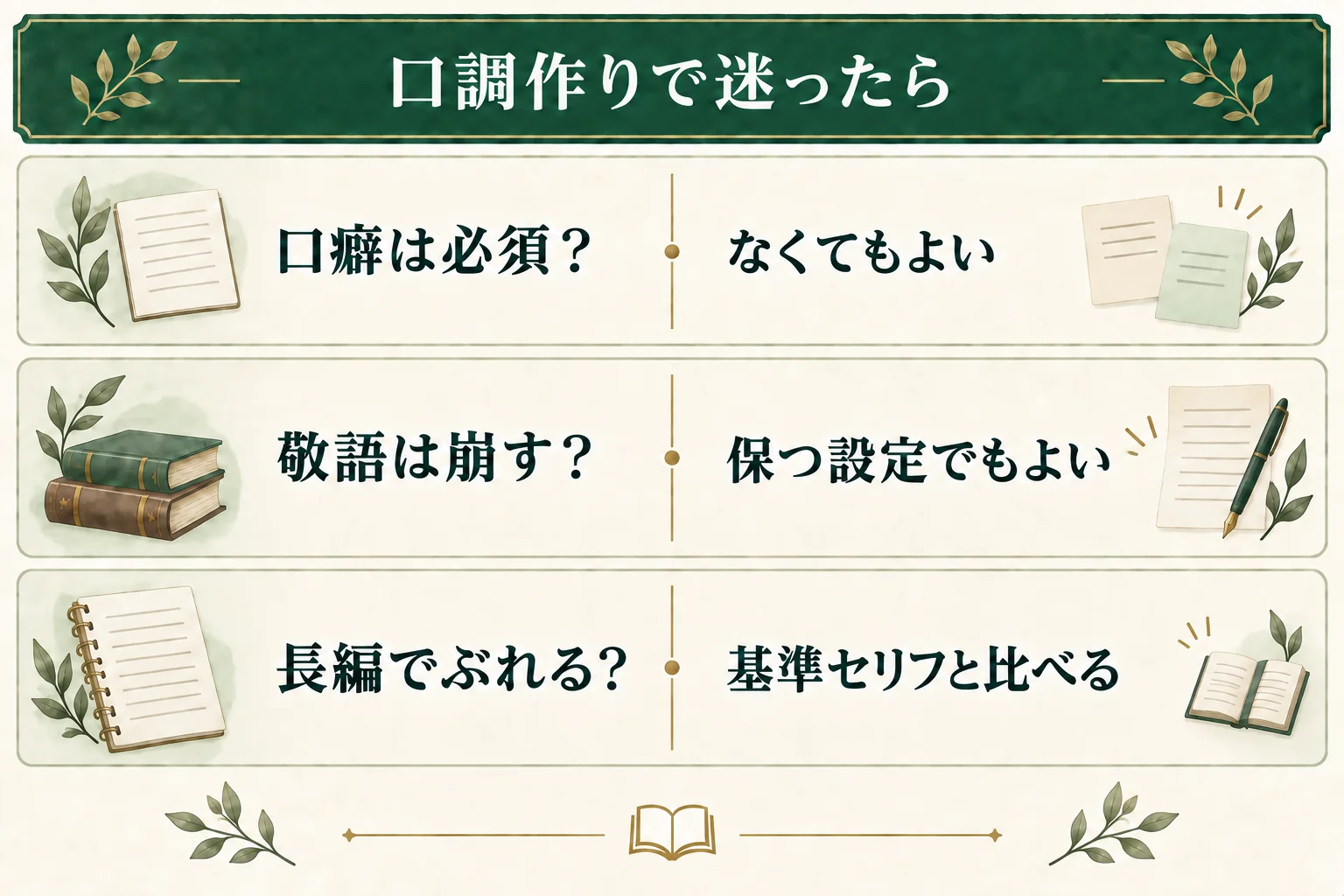 口調のよくある疑問。口癖はなくてもよく、敬語を保つ設定でもよい。長編で口調がぶれるときは、保存した基準セリフと比べる。