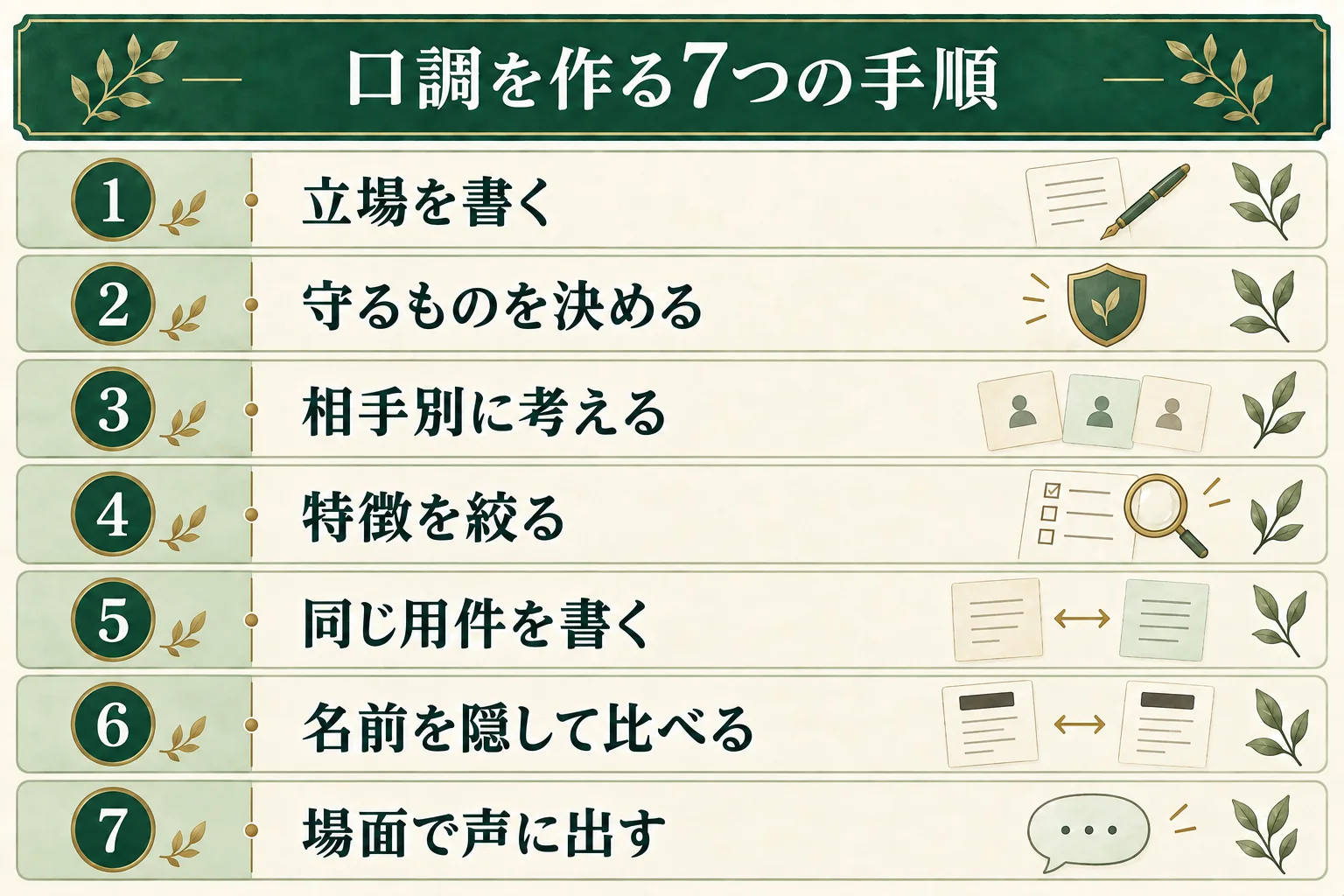 口調を作る7手順。立場、守るもの、相手別の口調を考え、特徴を絞る。同じ用件を書き、名前を隠して比べ、場面の中で声に出す。