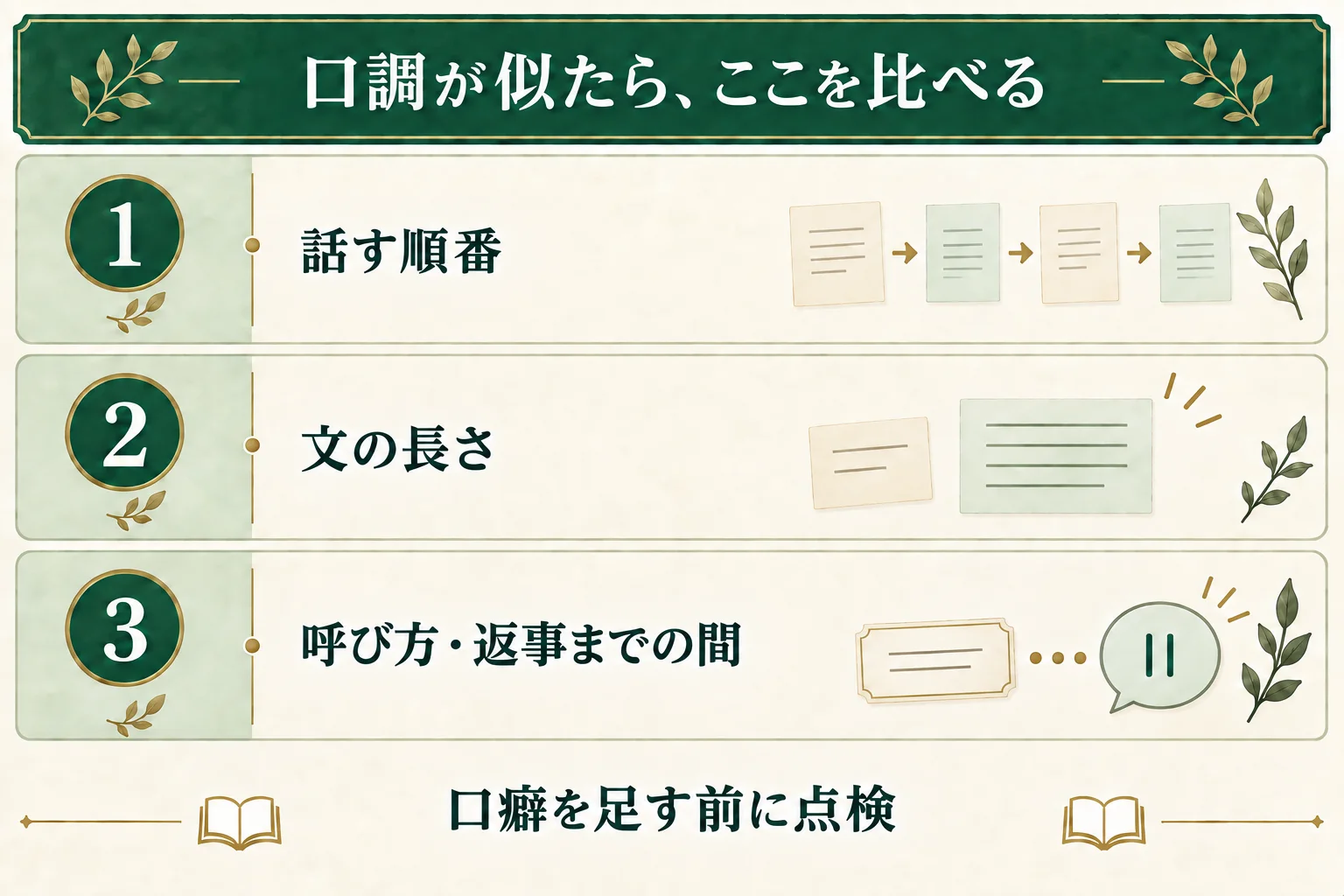 口調が似てしまうときは、口癖を足す前に、話す順番、文の長さ、呼び方や返事までの間を比べる。