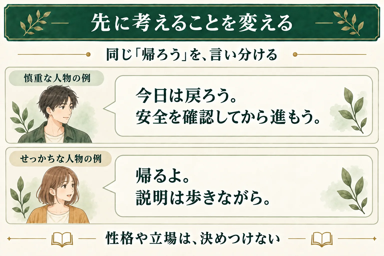 帰ろうと伝える例を比較。慎重な人物は安全確認を添え、せっかちな人物は帰ると決めて説明を後にする。性格や立場を固定的に決めつけず、同じ用件の言い方を試す。