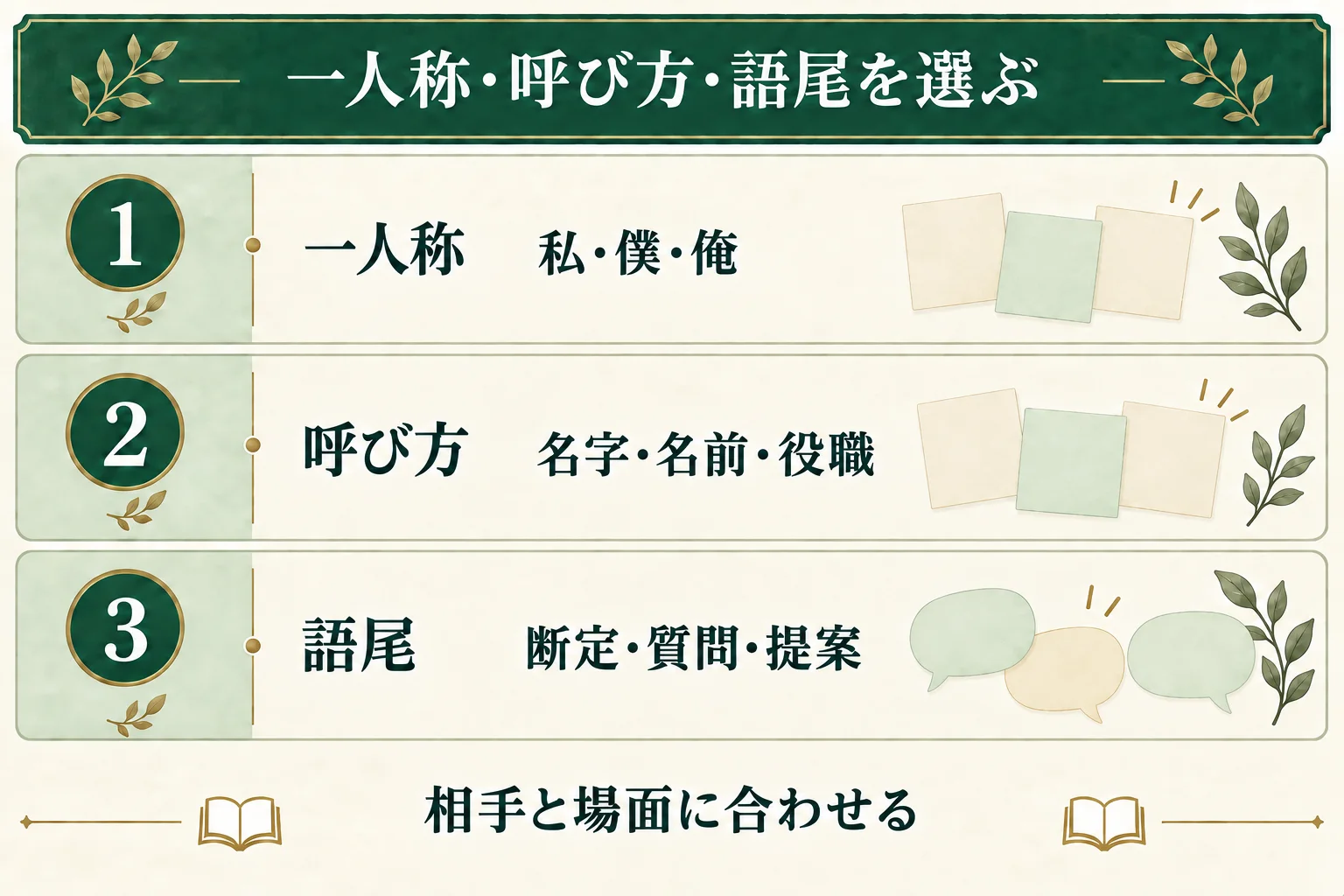 一人称は私・僕・俺など、呼び方は名字・名前・役職など、語尾は断定・質問・提案などから選ぶ。相手と場面に合う使い方を決める。