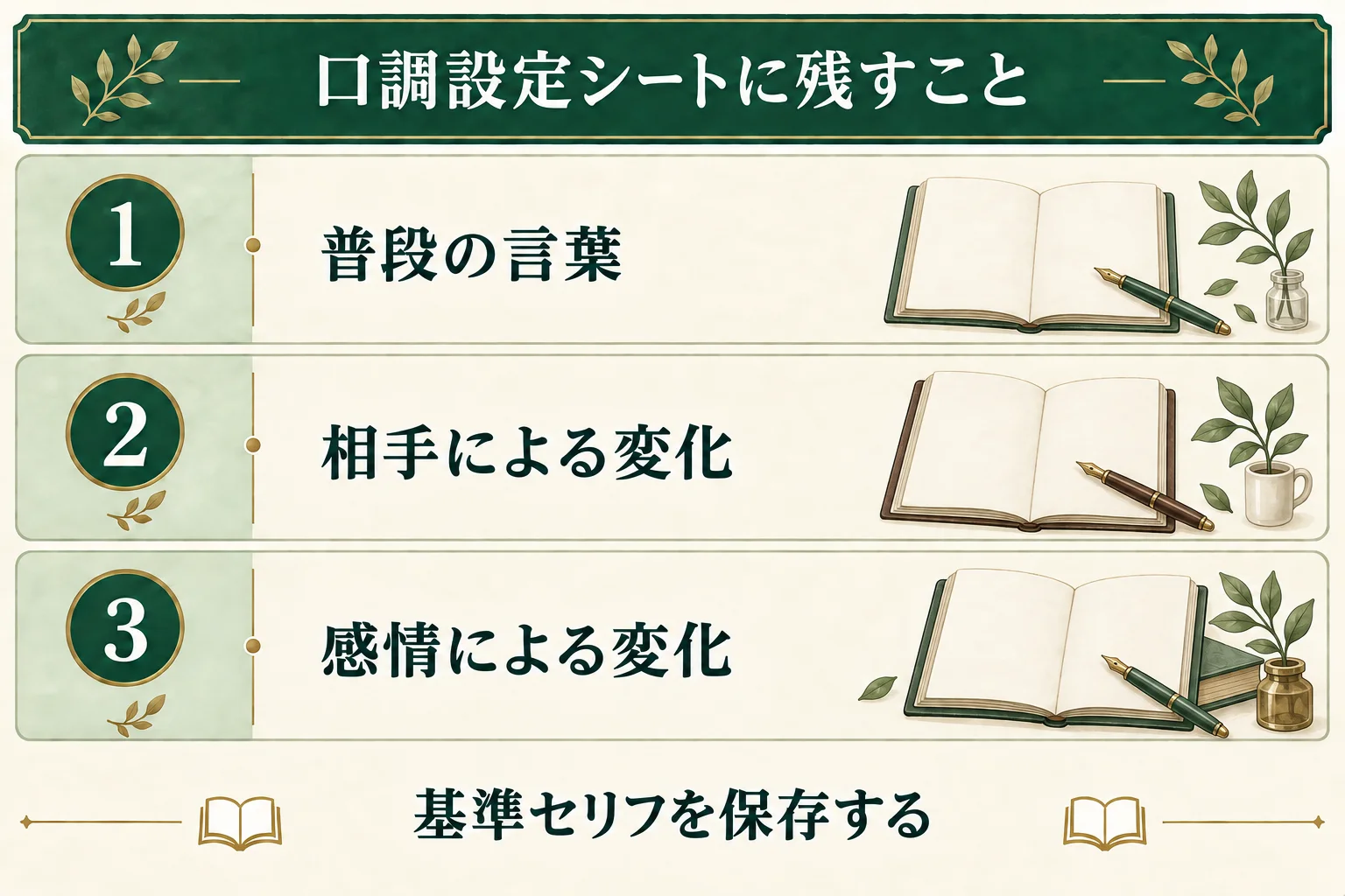 口調設定シートに、普段の言葉、相手による変化、感情による変化をまとめる。迷ったときに比べられる基準セリフも保存する。