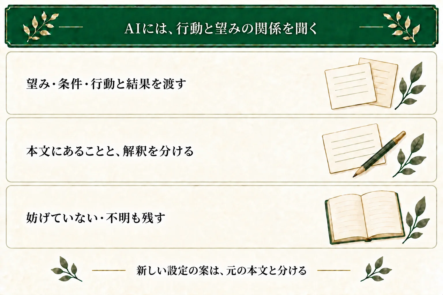AIには望み・条件・本文の行動と結果を渡し、望みを妨げているかを照合する。本文の根拠と解釈を分け、妨げていない場合や不明な点も残す。