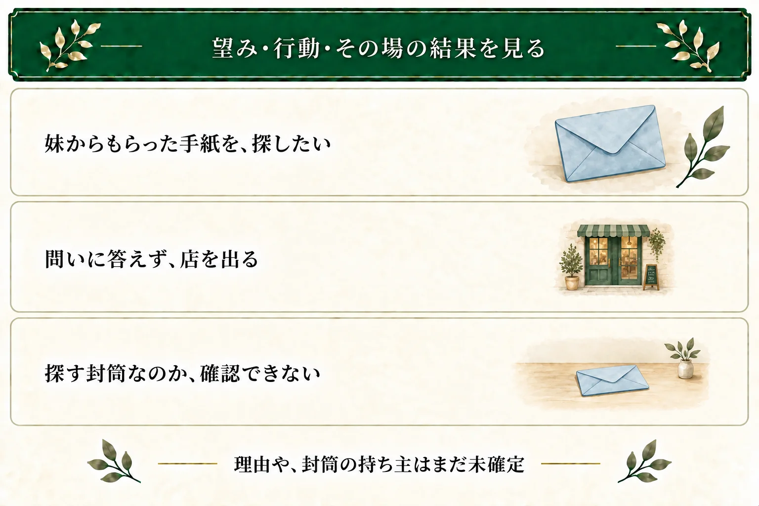 作例の主人公は妹からもらった手紙を探している。店主の問いに答えず退出したため、店の青い封筒が探すものか確認できない。店主が手紙を持っているかも、行動の理由も未確定。