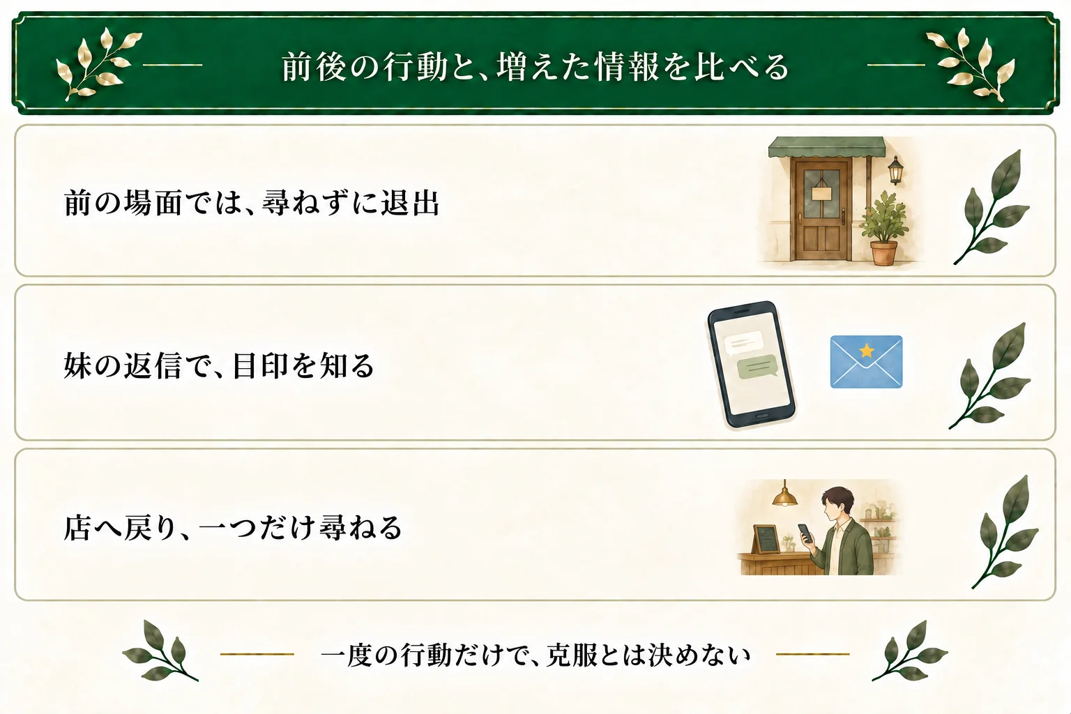 前の場面で尋ねずに退出した主人公が、妹の返信で星の目印を知り、戻って一つ尋ねる。情報の条件が変わったことを記録し、一度の行動だけで克服と決めない。